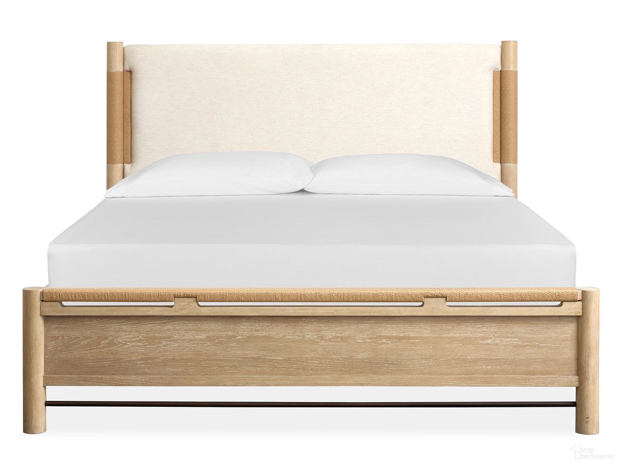 The appearance of Sunset Cove Queen Panel Upholstered Bed In Sanibel Brown designed by Salt Life Home in the transitional interior design. This sanibel brown piece of furniture was selected by 1StopBedrooms from Sunset Cove Collection to add a touch of cosiness and style into your home. Sku: B5783-55H;B5783-55F;B5783-55R. Bed Size: Queen. Material: Oak Veneer. Bed Type: Upholstered Bed.