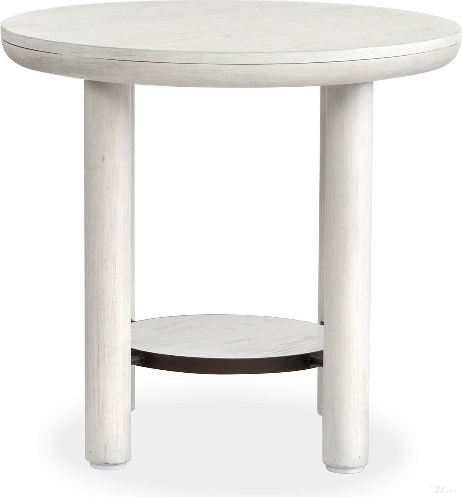 The appearance of Sunset Cove Round End Table In Moonlight Pearl designed by Salt Life Home in the transitional interior design. This moonlight pearl piece of furniture was selected by 1StopBedrooms from Sunset Cove Collection to add a touch of cosiness and style into your home. Sku: T5879-05. Material: Oak Veneer.