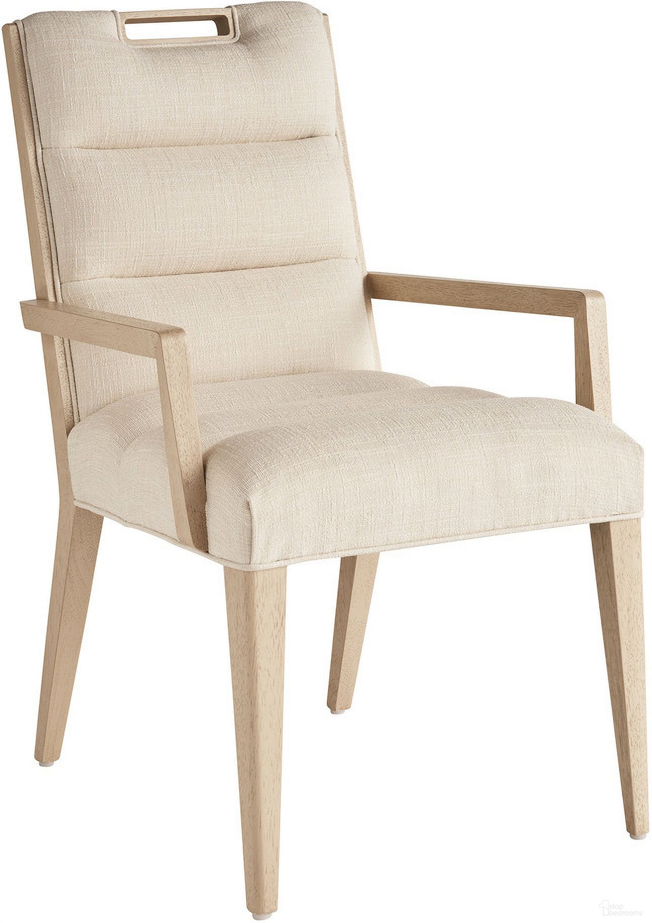The appearance of Sunset Key Aiden Channeled Upholstered Arm Chair In Sand Drift designed by Tommy Bahama in the modern / contemporary interior design. This sand drift piece of furniture  was selected by 1StopBedrooms from Sunset Key Collection to add a touch of cosiness and style into your home. Sku: 578-883-01. Material: Wood. Chair Type: Arm Chair.