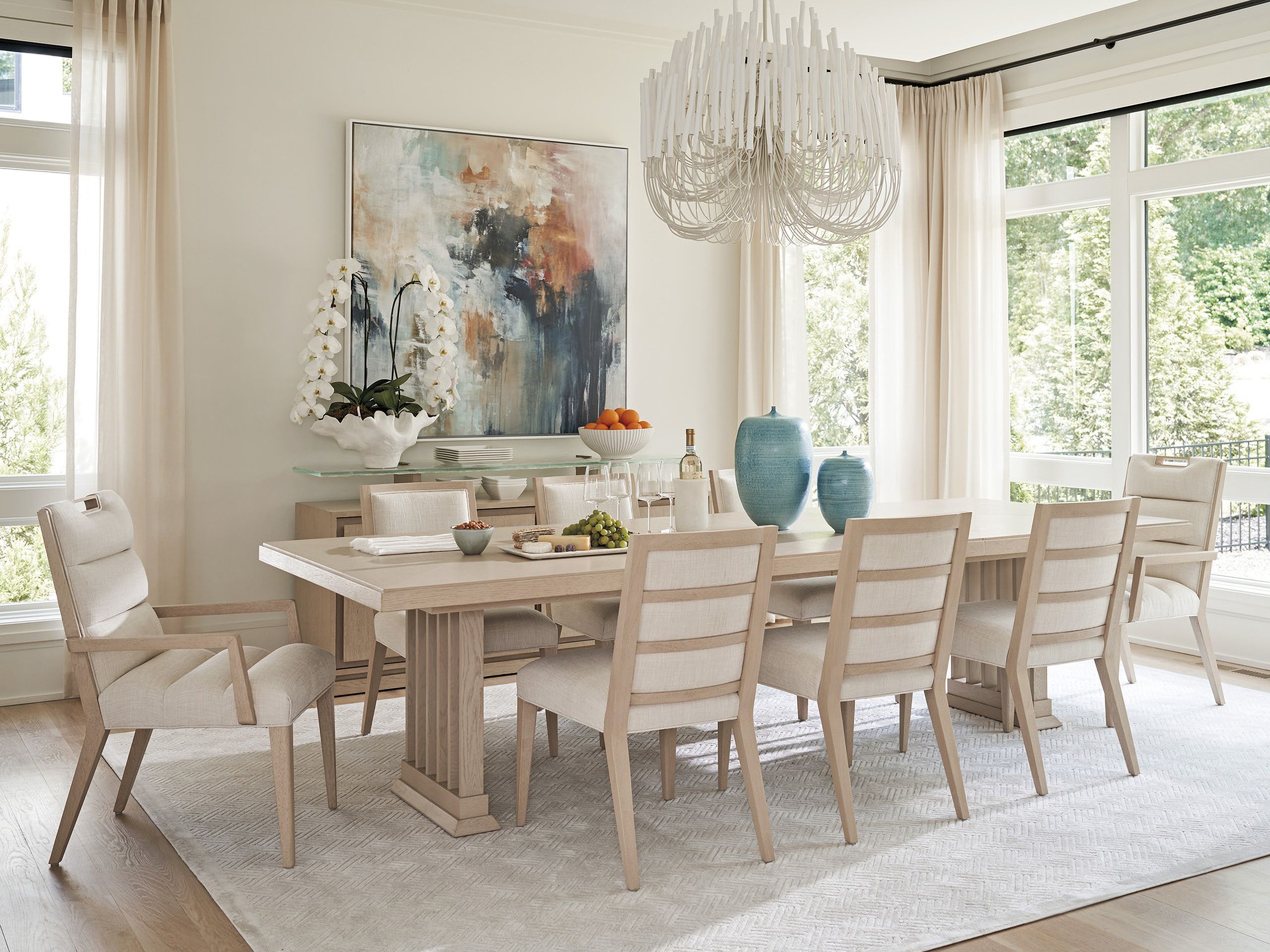The appearance of Sunset Key Belaire Rectangular Dining Set In Sand Drift designed by Tommy Bahama in the modern / contemporary interior design. This sand drift piece of furniture was selected by 1StopBedrooms from Sunset Key Collection to add a touch of cosiness and style into your home. Sku: 578-877;578-880-01. Table Base Style: Double Pedestal. Material: Wood. Table Top Shape: Rectangular. Size: 44" x 78".