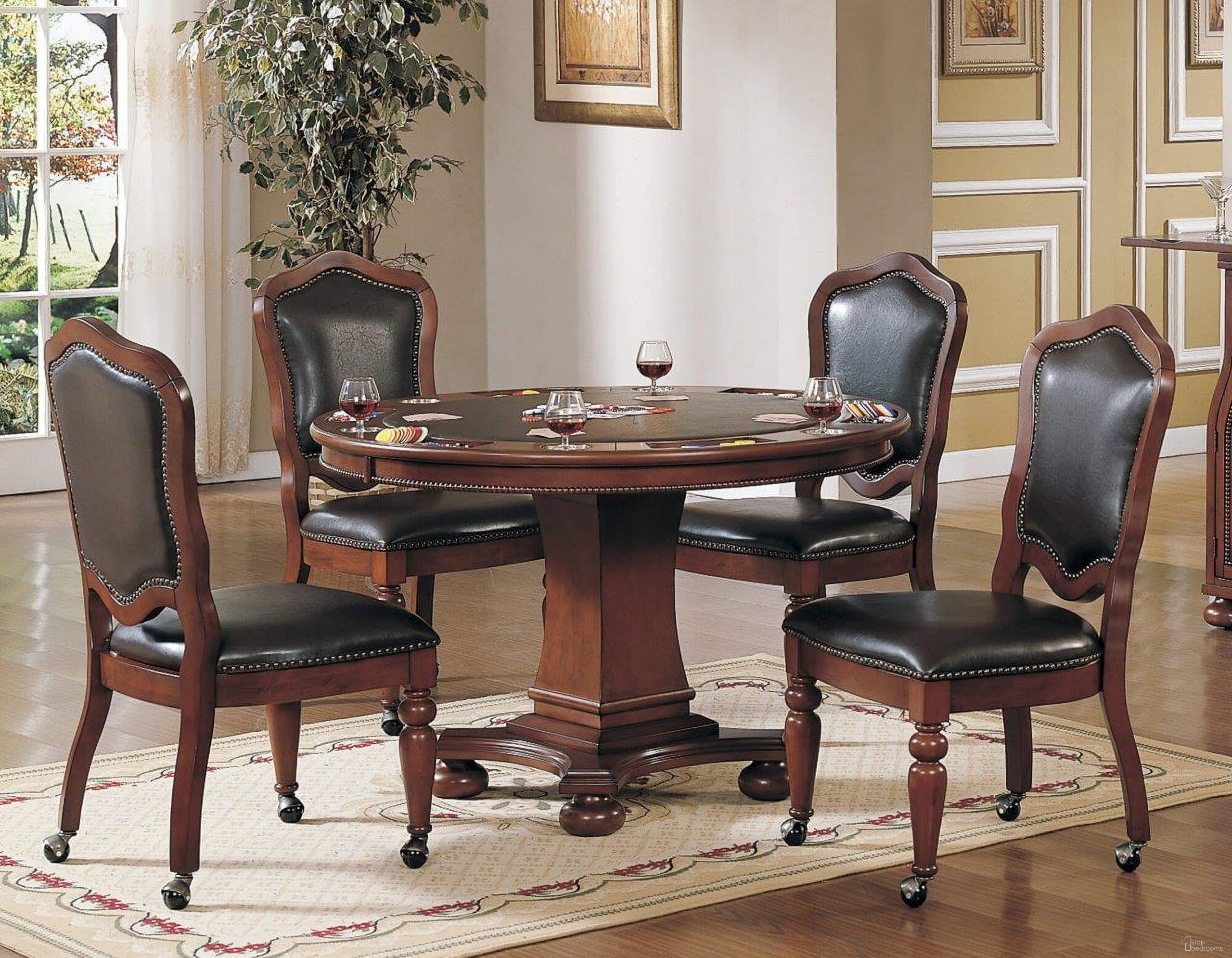 The appearance of Sunset Trading 5 Piece Bellagio Dining and Poker Table Set designed by Sunset Trading in the traditional interior design. This distressed brown piece of furniture was selected by 1StopBedrooms from Bellagio Collection to add a touch of cosiness and style into your home. Sku: CR-87148-63;CR-87148-61;CR-87148-10-2;CR-87148-10-2. Material: Wood Veneer.