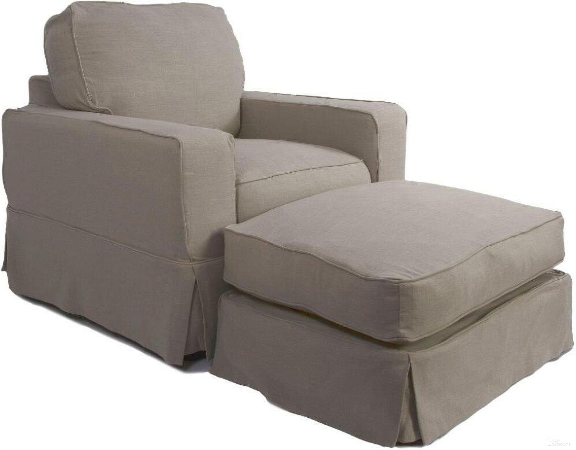 The appearance of Sunset Trading Americana Box Cushion Slipcovered Chair and Ottoman in Light Gray designed by Sunset Trading in the modern / contemporary interior design. This light gray piece of furniture  was selected by 1StopBedrooms from Americana Collection to add a touch of cosiness and style into your home. Sku: SU-108520-220591;SU-108530-220591. Material: Wood.