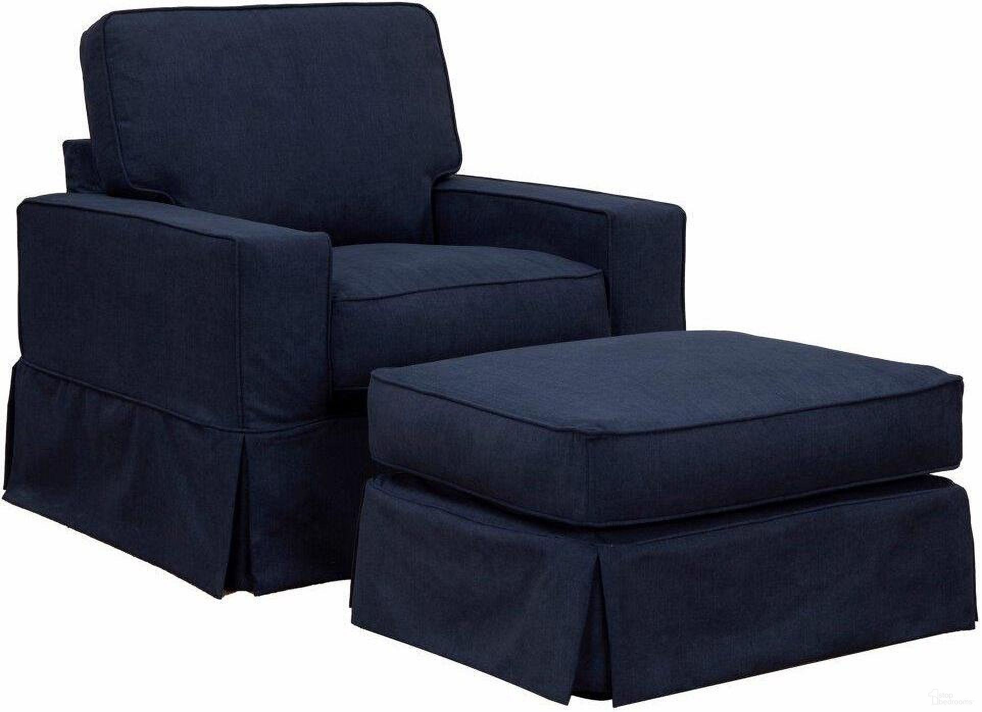 Sunset Trading Americana Box Cushion Slipcovered Chair And Ottoman Set Stain Resistant Performance Fabric Navy Blue