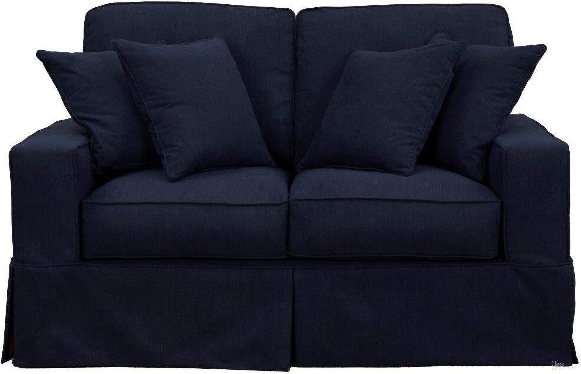 The appearance of Sunset Trading Americana Box Cushion Slipcovered Loveseat Stain Resistant Performance Fabric Navy Blue designed by Sunset Trading in the modern / contemporary interior design. This navy blue piece of furniture  was selected by 1StopBedrooms from Americana Collection to add a touch of cosiness and style into your home. Sku: SU-108510-391049. Material: Wood.