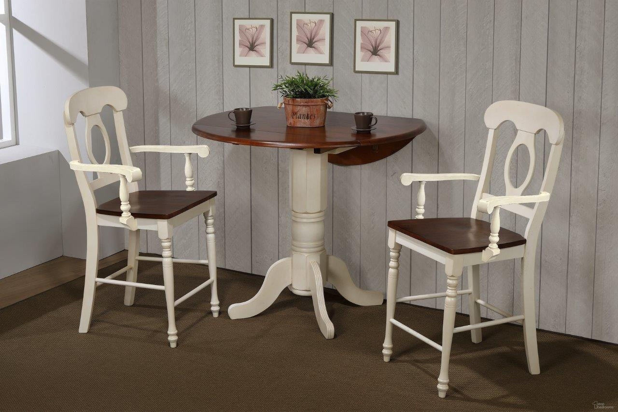 The appearance of Sunset Trading Andrews 3 Piece 42 Inch Round Drop Leaf Pub Table Set In Antique White and Chestnut designed by Sunset Trading in the modern / contemporary interior design. This antique white and chestnut piece of furniture was selected by 1StopBedrooms from Andrews Collection to add a touch of cosiness and style into your home. Sku: DLU-TPD-4242-CT-T;DLU-TPD-4242-AW-CB;DLU-ADW-B50-AW-A-RTA. Table Top Shape: Round. Material: Wood. Size: 42".