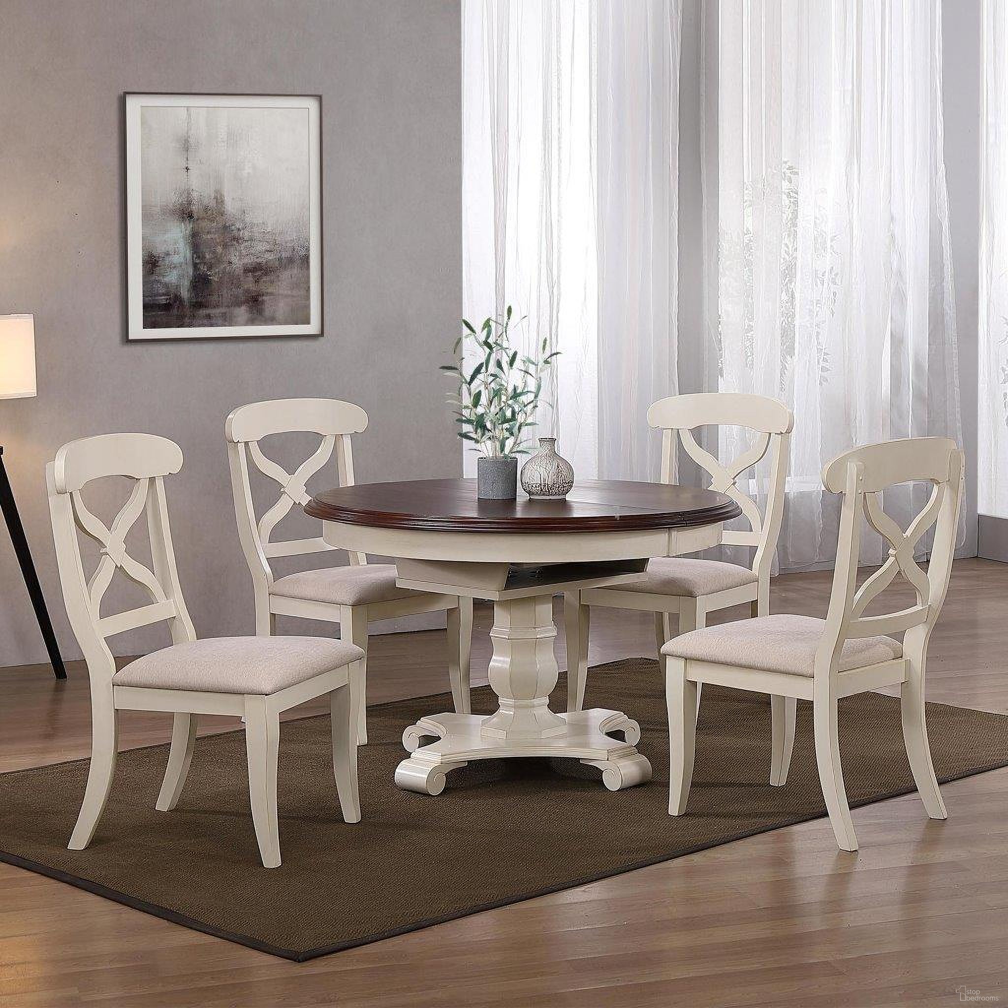 The appearance of Sunset Trading Andrews 5 Piece 48 Inch Round Or 66 Inch Oval Extendable Dining Set In Antique White and Chestnut designed by Sunset Trading in the traditional interior design. This antique white and chestnut piece of furniture was selected by 1StopBedrooms from Andrews Collection to add a touch of cosiness and style into your home. Sku: DLU-ADW-TPB-4866-AW-B-1;DLU-ADW-TPB-4866-AW-B-2;DLU-ADW-TPB-4866-AW-T;DLU-ADW-C12-AW-RTA;DLU-ADW-C12-AW-RTA. Material: Wood.