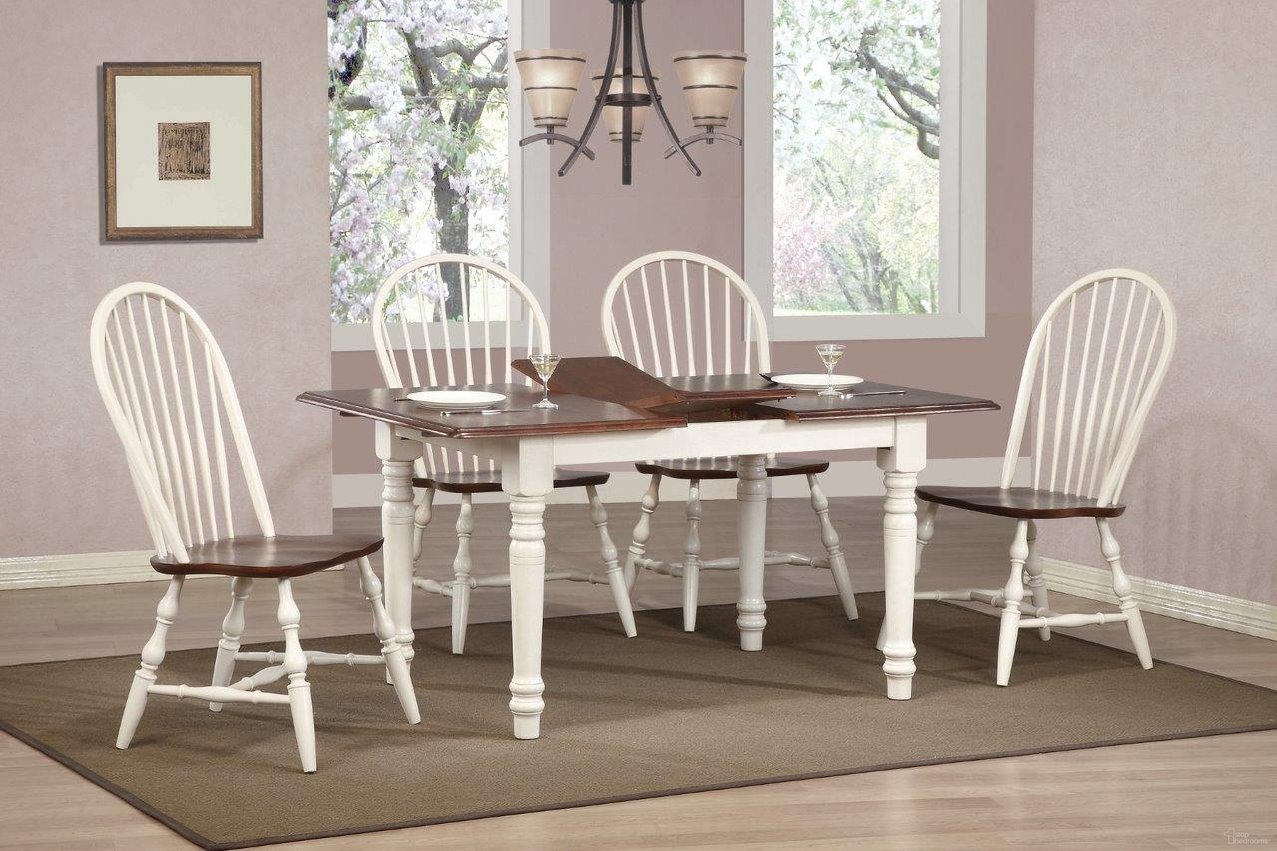 The appearance of Sunset Trading Andrews 5 Piece Butterfly Dining Set with Windsor Spindleback Chairs designed by Sunset Trading in the modern / contemporary interior design. This antique white and chestnut piece of furniture  was selected by 1StopBedrooms from Andrews Collection to add a touch of cosiness and style into your home. Sku: DLU-TLB-3660-AW;DLU-C30-AW-2;DLU-C30-AW-2. Material: Wood.