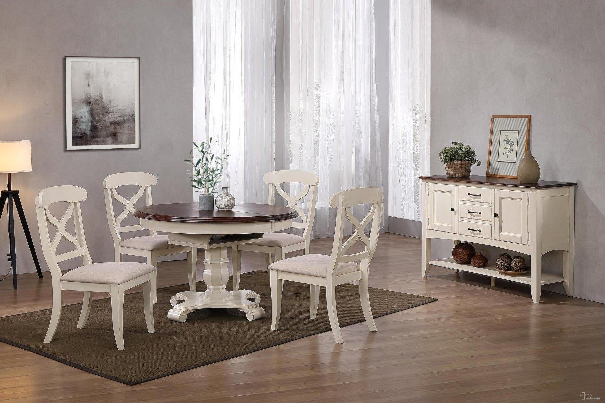 The appearance of Sunset Trading Andrews 6 Piece 48 Inch Round Or 66 Inch Oval Extendable Dining Set In Antique White and Chestnut designed by Sunset Trading in the transitional interior design. This antique white and chestnut piece of furniture was selected by 1StopBedrooms from Andrews Collection to add a touch of cosiness and style into your home. Sku: DLU-ADW-TPB-4866-AW-B-1;DLU-ADW-TPB-4866-AW-B-2;DLU-ADW-TPB-4866-AW-T;DLU-ADW-C12-AW-RTA;DLU-ADW-C12-AW-RTA;DLU-ADW1122-SB-AW. Material: Wood.