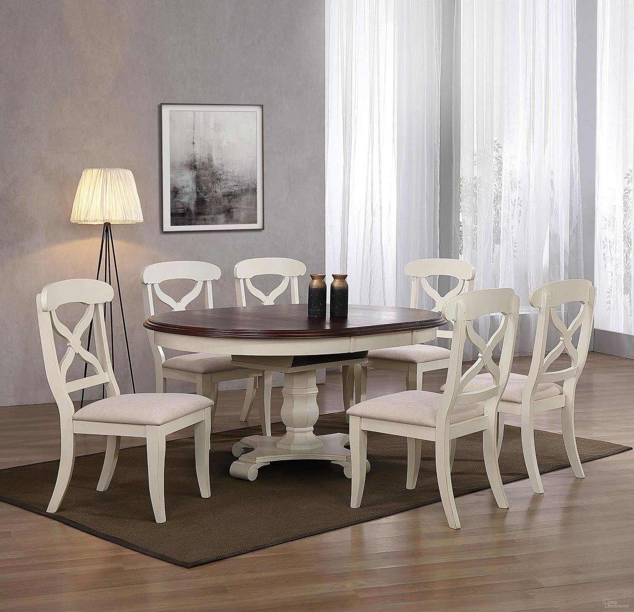 The appearance of Sunset Trading Andrews 7 Piece 48 Inch Round Or 66 Inch Oval Extendable Dining Set In Antique White and Chestnut designed by Sunset Trading in the traditional interior design. This antique white and chestnut piece of furniture was selected by 1StopBedrooms from Andrews Collection to add a touch of cosiness and style into your home. Sku: DLU-ADW-TPB-4866-AW-B-1;DLU-ADW-TPB-4866-AW-B-2;DLU-ADW-TPB-4866-AW-T;DLU-ADW-C12-AW-RTA;DLU-ADW-C12-AW-RTA;DLU-ADW-C12-AW-RTA. Material: Wood.