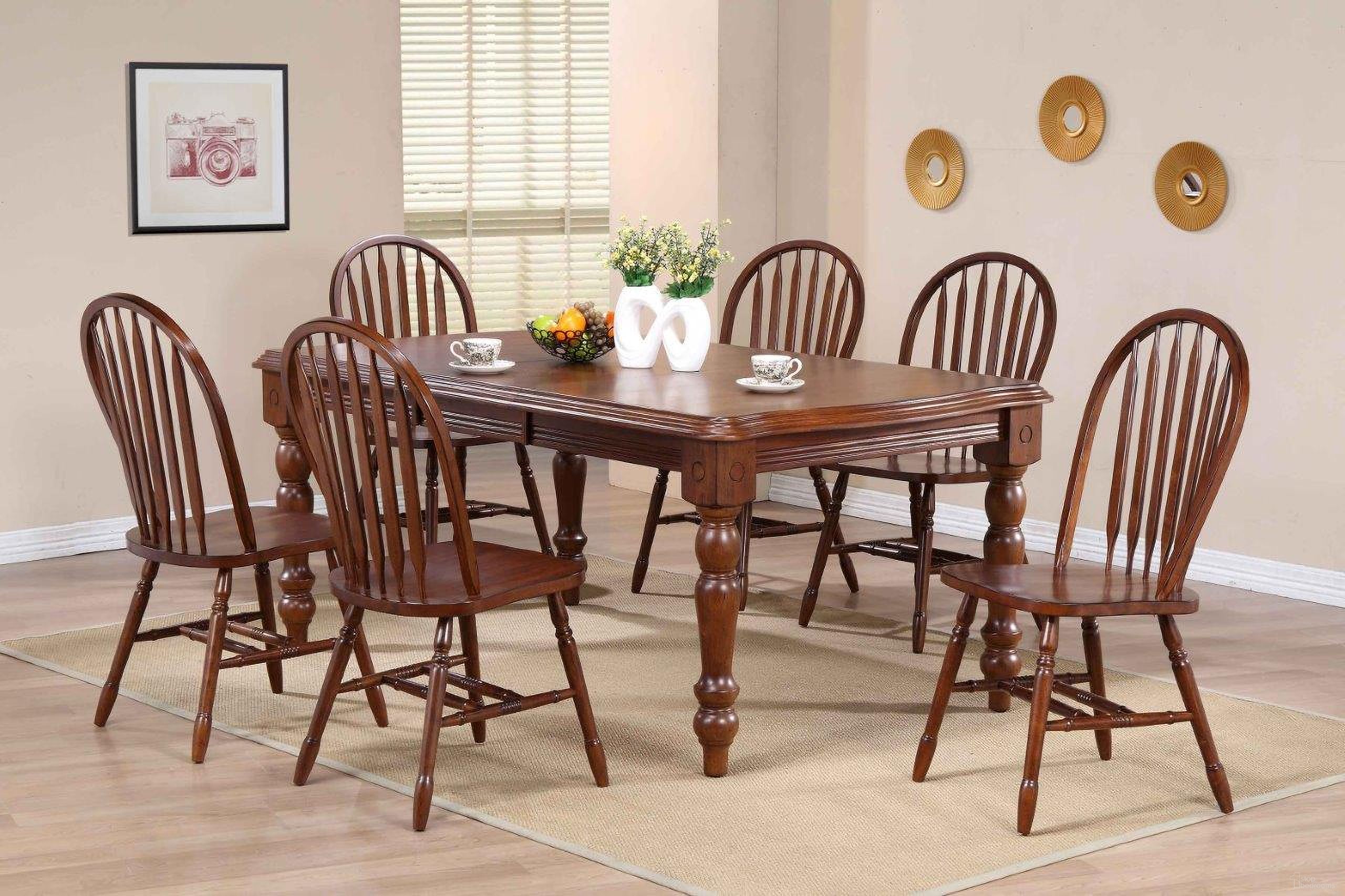 The appearance of Andrews 7 Piece Extendable Dining Set with Arrowback Chairs In Chestnut Brown designed by Sunset Trading in the modern / contemporary interior design. This chestnut brown piece of furniture was selected by 1StopBedrooms from Andrews Collection to add a touch of cosiness and style into your home. Sku: DLU-SLT-4272-CT;DLU-820-CT-2;DLU-820-CT-2;DLU-820-CT-2. Material: Wood.