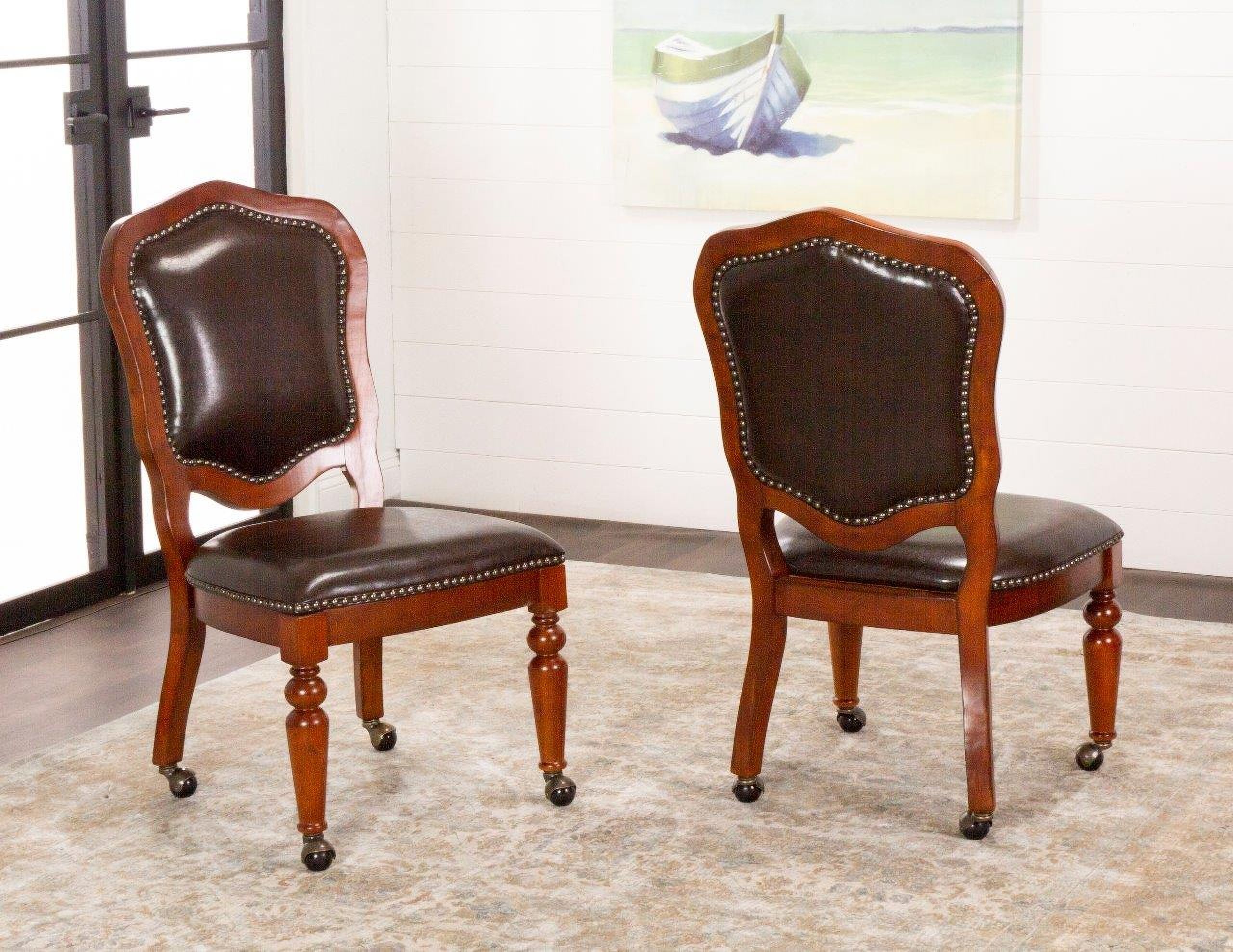 The appearance of Sunset Trading Bellagio Gaming And Dining Chair Distressed Brown Cherry Wood Nailheads Casters Set Of 2 designed by Sunset Trading in the traditional interior design. This brown piece of furniture was selected by 1StopBedrooms from Bellagio Collection to add a touch of cosiness and style into your home. Sku: CR-87148-10-RTA. Material: Wood.