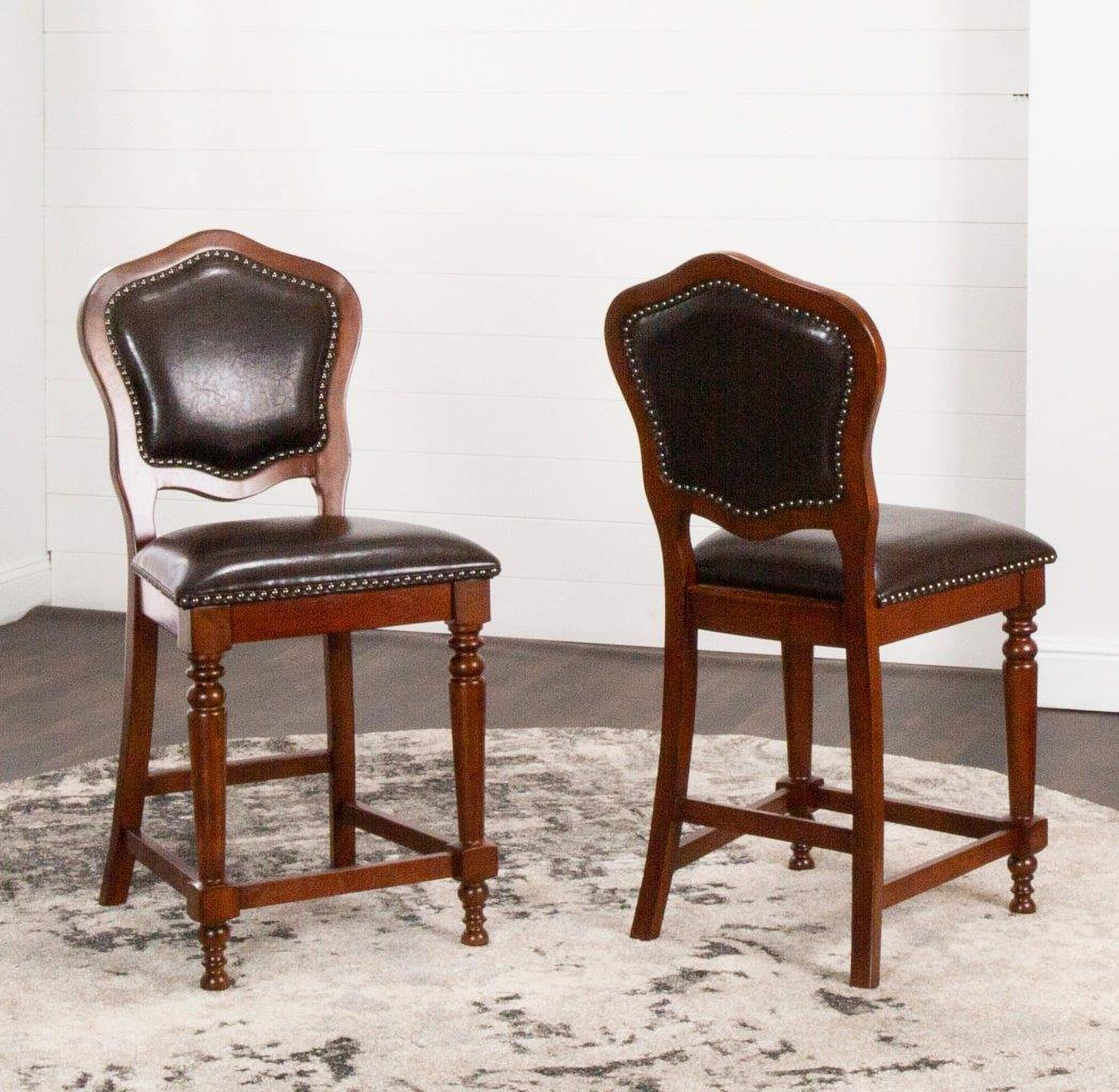 The appearance of Sunset Trading Bellagio Upholstered Barstools With Backs Counter Height Dining Chairs Distressed Cherry Brown Wood Nailheads Set Of 2 designed by Sunset Trading in the transitional interior design. This brown piece of furniture was selected by 1StopBedrooms from Bellagio Collection to add a touch of cosiness and style into your home. Sku: CR-87148-24-RTA. Material: Wood.