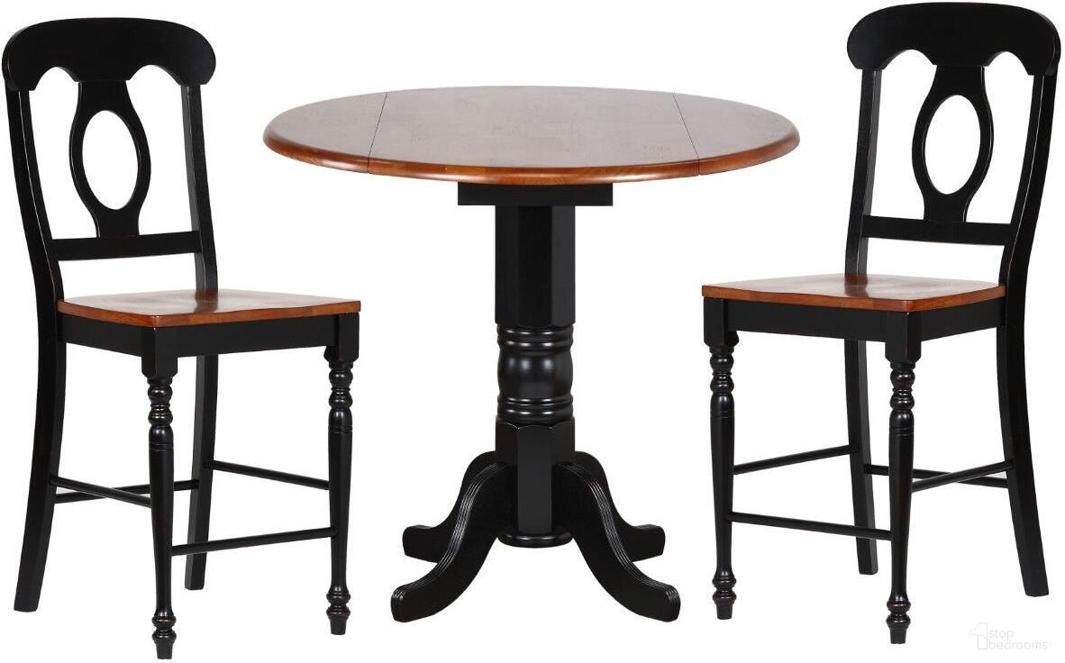 The appearance of Sunset Trading Black Cherry Selections 3 Piece 42 Inch Round Drop Leaf Pub Table Set with Napoleon Stools designed by Sunset Trading in the traditional interior design. This antique black and cherry piece of furniture  was selected by 1StopBedrooms from Black Cherry Selections Collection to add a touch of cosiness and style into your home. Sku: DLU-TPD-4242-BCH-T;DLU-TPD-4242-BCH-CB;DLU-ADW-B50-BCH-RTA. Material: Wood.