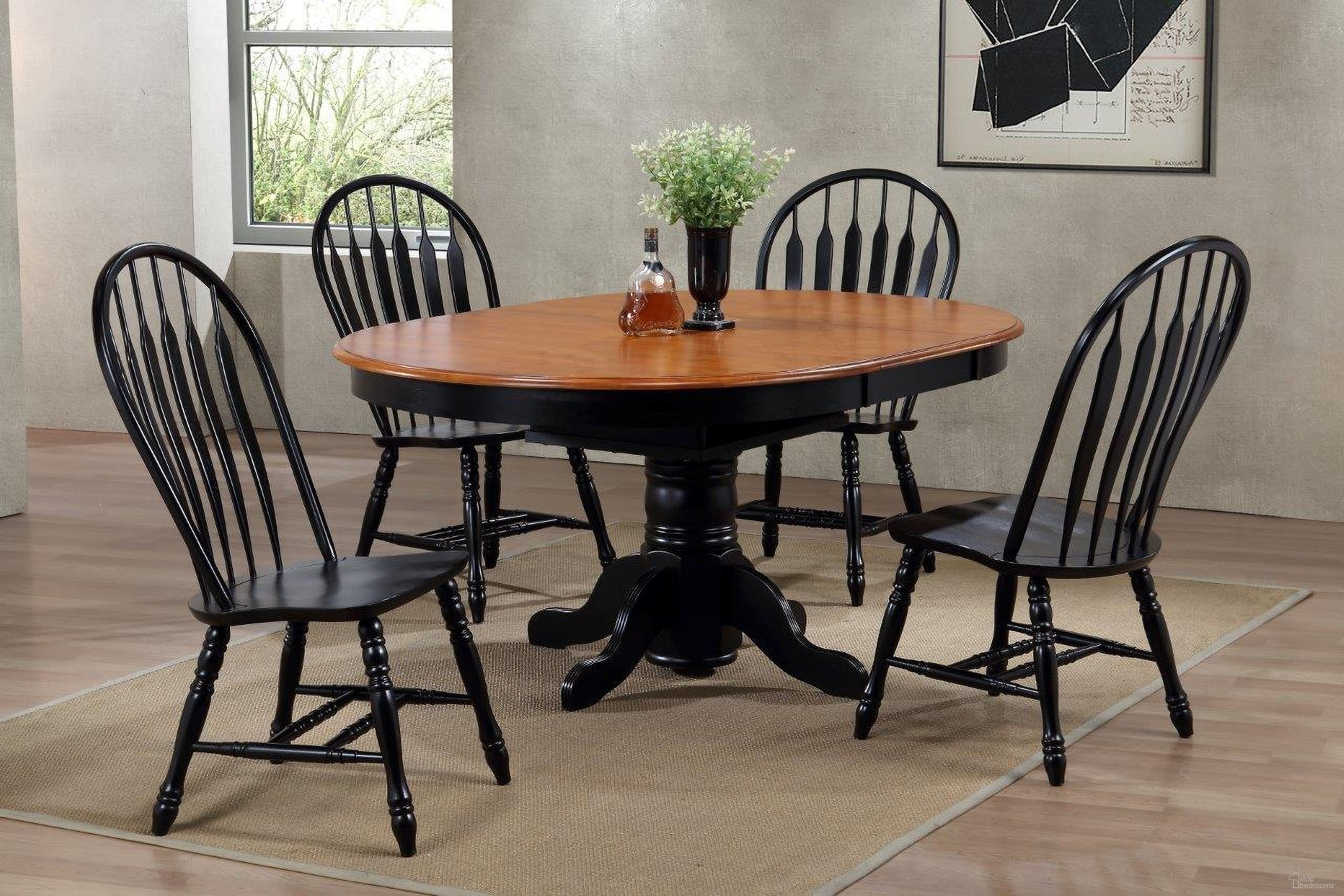 The appearance of Sunset Trading Black Cherry Selections 5 Piece Pedestal Dining Set with Comfort Back Chairs designed by Sunset Trading in the modern / contemporary interior design. This antique black and cherry piece of furniture was selected by 1StopBedrooms from Black Cherry Selections Collection to add a touch of cosiness and style into your home. Sku: DLU-TBX-4266-BCH-T;DLU-TBX-4266-BCH-B;DLU-4130-AB-2;DLU-4130-AB-2. Material: Wood.