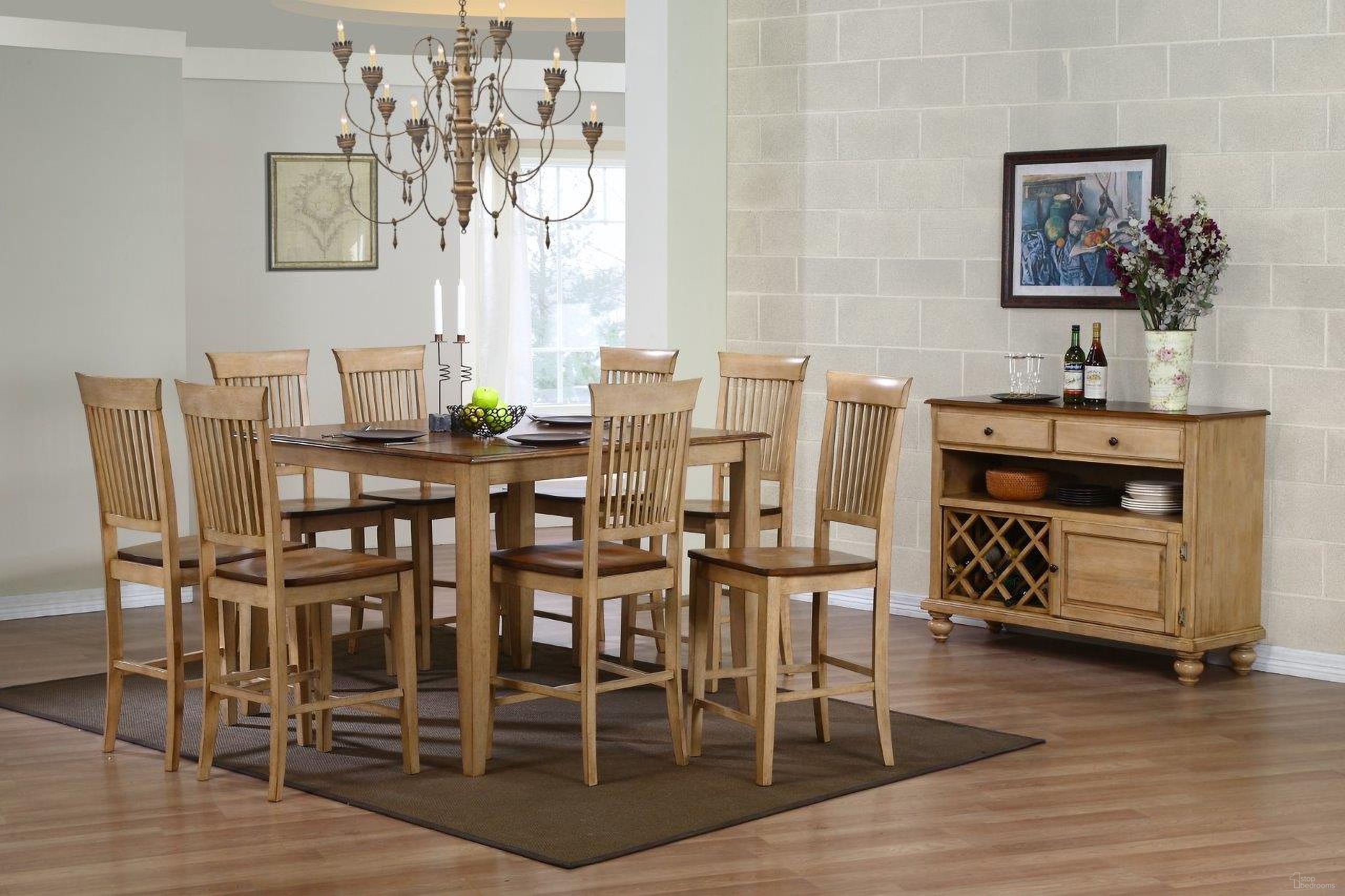 The appearance of Sunset Trading Brook 10 Piece 48 Inch Square Pub Set with Fancy Slat Stools and Server designed by Sunset Trading in the modern / contemporary interior design. This two-tone brown piece of furniture was selected by 1StopBedrooms from Brook Collection to add a touch of cosiness and style into your home. Sku: DLU-BR4848CB-PW;DLU-BR-B70-PW-2;DLU-BR-B70-PW-2;DLU-BR-B70-PW-2;DLU-BR-B70-PW-2;DLU-BR-SER-PW. Material: Wood.