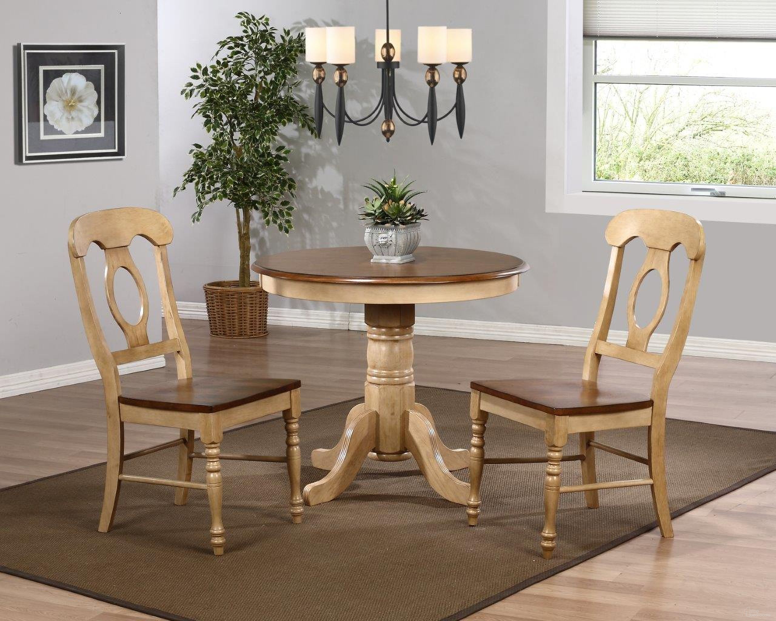 The appearance of Sunset Trading Brook 3 Piece 36 Inch Round Dining Set with Napoleon Chairs designed by Sunset Trading in the transitional interior design. This two-tone brown piece of furniture  was selected by 1StopBedrooms from Brook Collection to add a touch of cosiness and style into your home. Sku: DLU-BR-TP-3636-PW-T;DLU-BR-TP-3636-PW-B;DLU-BR-C50-PW-2. Material: Wood.