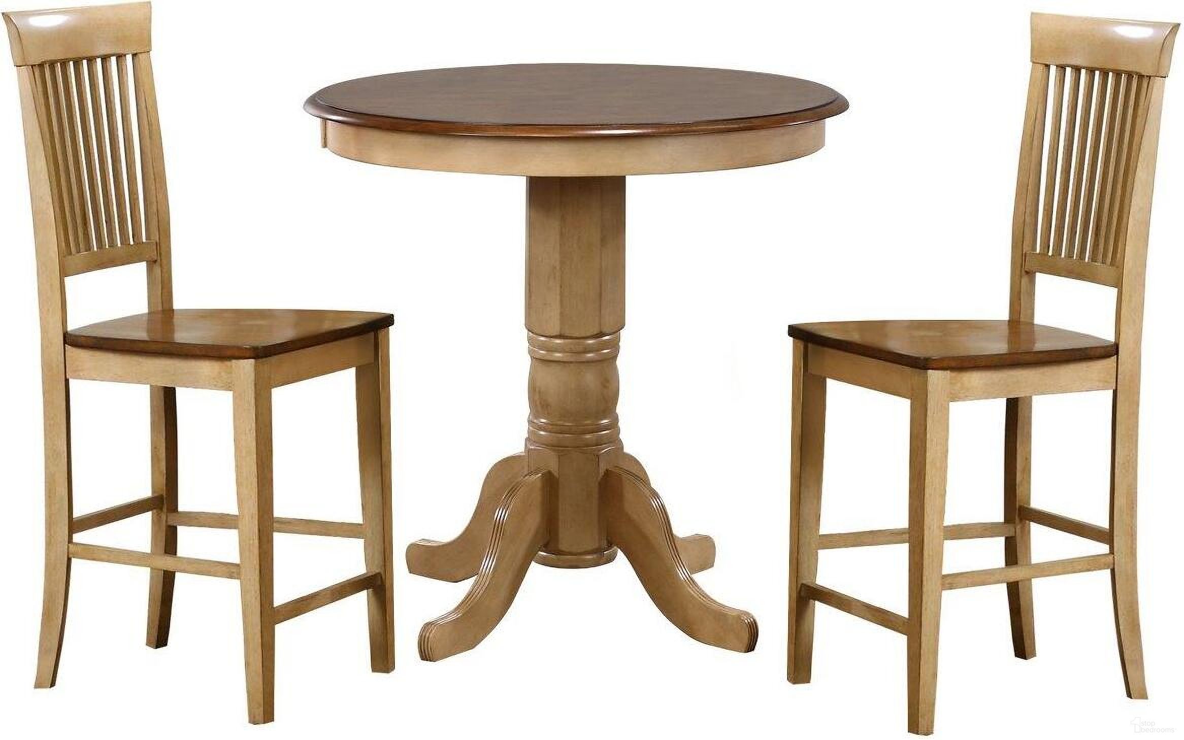 The appearance of Sunset Trading Brook 3 Piece 36 Inch Round Pub Table Set with Fancy Slat Stools designed by Sunset Trading in the modern / contemporary interior design. This two-tone brown piece of furniture was selected by 1StopBedrooms from Brook Collection to add a touch of cosiness and style into your home. Sku: DLU-BR-TP-3636-PW-T;DLU-BR-TP-3636-PW-CB;DLU-BR-B70-PW-2. Material: Wood.
