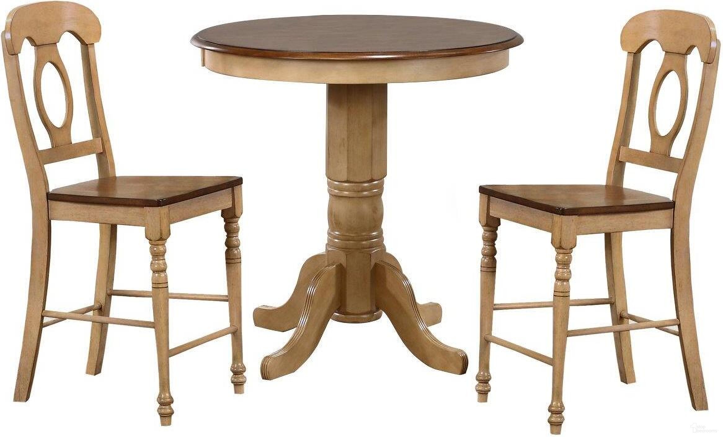 The appearance of Sunset Trading Brook 3 Piece 36 Inch Round Pub Table Set with Napoleon Stools designed by Sunset Trading in the transitional interior design. This two-tone brown piece of furniture was selected by 1StopBedrooms from Brook Collection to add a touch of cosiness and style into your home. Sku: DLU-BR-TP-3636-PW-T;DLU-BR-TP-3636-PW-CB;DLU-BR-B50-PW-2. Material: Wood.