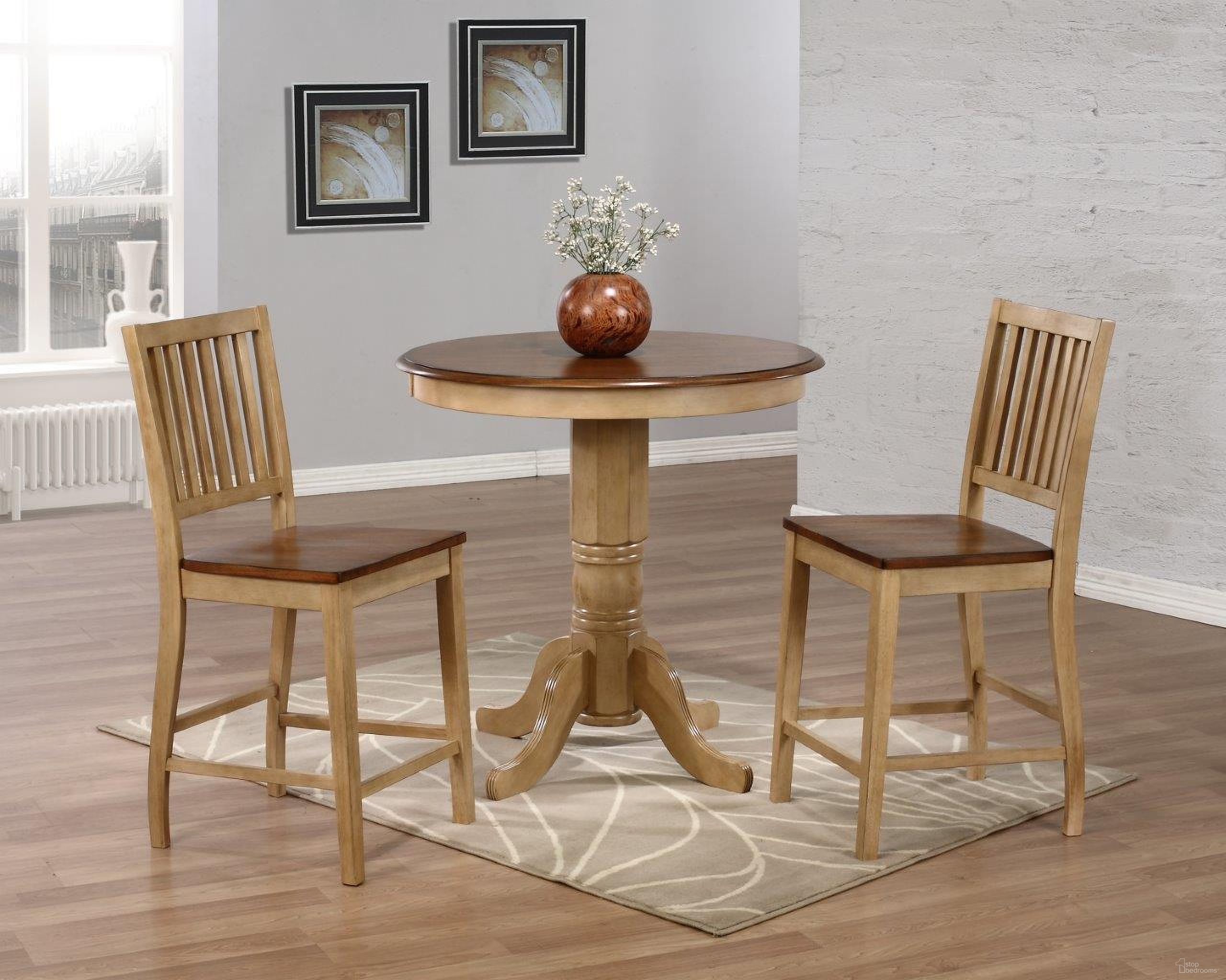 The appearance of Sunset Trading Brook 3 Piece 36 Inch Round Pub Table Set with Slat Back Stools designed by Sunset Trading in the modern / contemporary interior design. This two-tone brown piece of furniture was selected by 1StopBedrooms from Brook Collection to add a touch of cosiness and style into your home. Sku: DLU-BR-TP-3636-PW-T;DLU-BR-TP-3636-PW-CB;DLU-BR-B60-PW-2. Material: Wood.