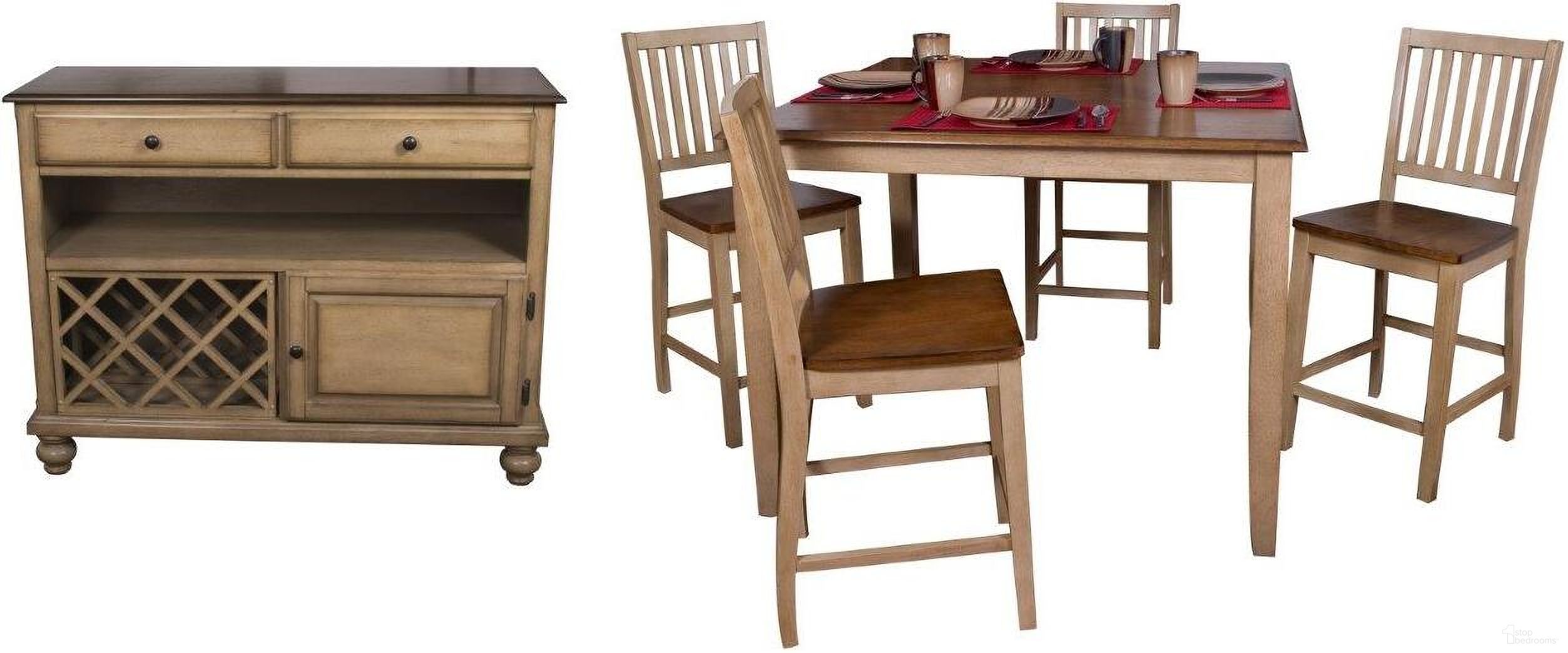 The appearance of Sunset Trading Brook 6 Piece 48 Inch Square Pub Set with Slat Back Stools and Server designed by Sunset Trading in the modern / contemporary interior design. This two-tone brown piece of furniture was selected by 1StopBedrooms from Brook Collection to add a touch of cosiness and style into your home. Sku: DLU-BR4848CB-PW;DLU-BR-B60-PW-2;DLU-BR-B60-PW-2;DLU-BR-SER-PW. Material: Wood.
