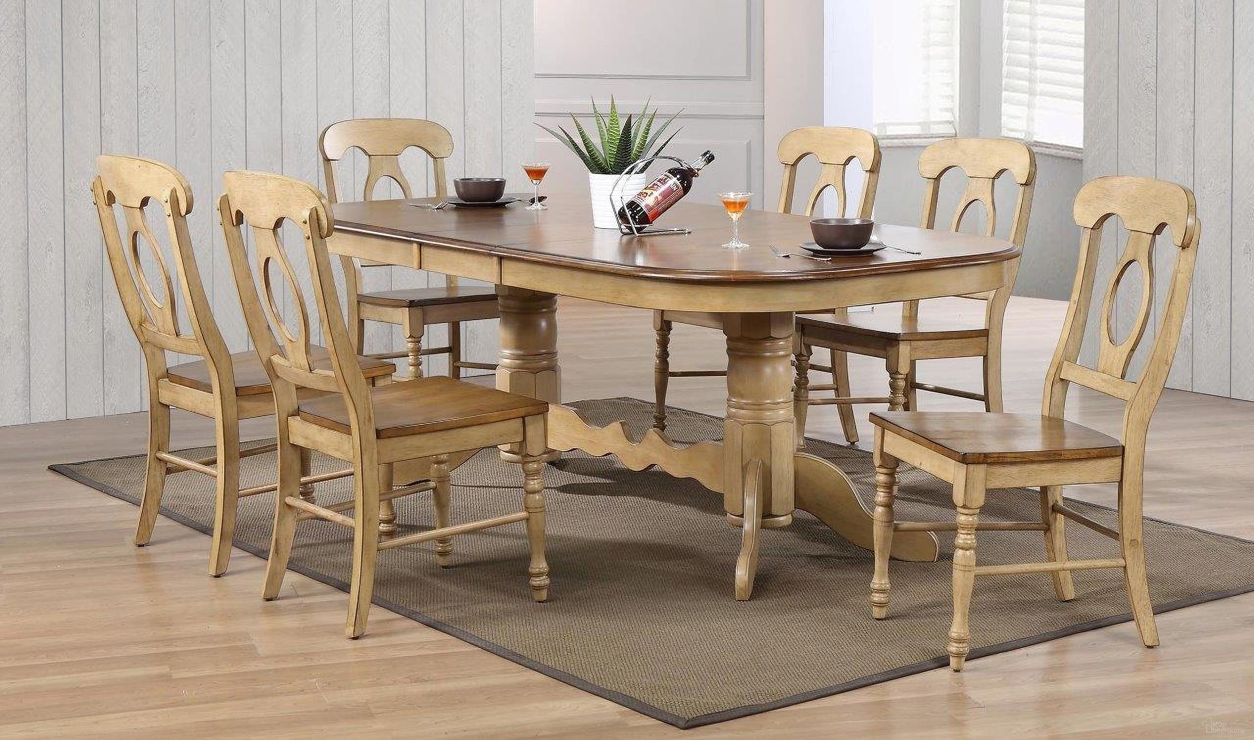 The appearance of Sunset Trading Brook 7 Piece Double Pedestal Extendable Dining Set with Napoleon Chairs designed by Sunset Trading in the transitional interior design. This two-tone brown piece of furniture  was selected by 1StopBedrooms from Brook Collection to add a touch of cosiness and style into your home. Sku: DLU-BR-TTB-4296-PW-T;DLU-BR-TTB-4296-PW-B;DLU-BR-C50-PW-2;DLU-BR-C50-PW-2;DLU-BR-C50-PW-2. Material: Wood.