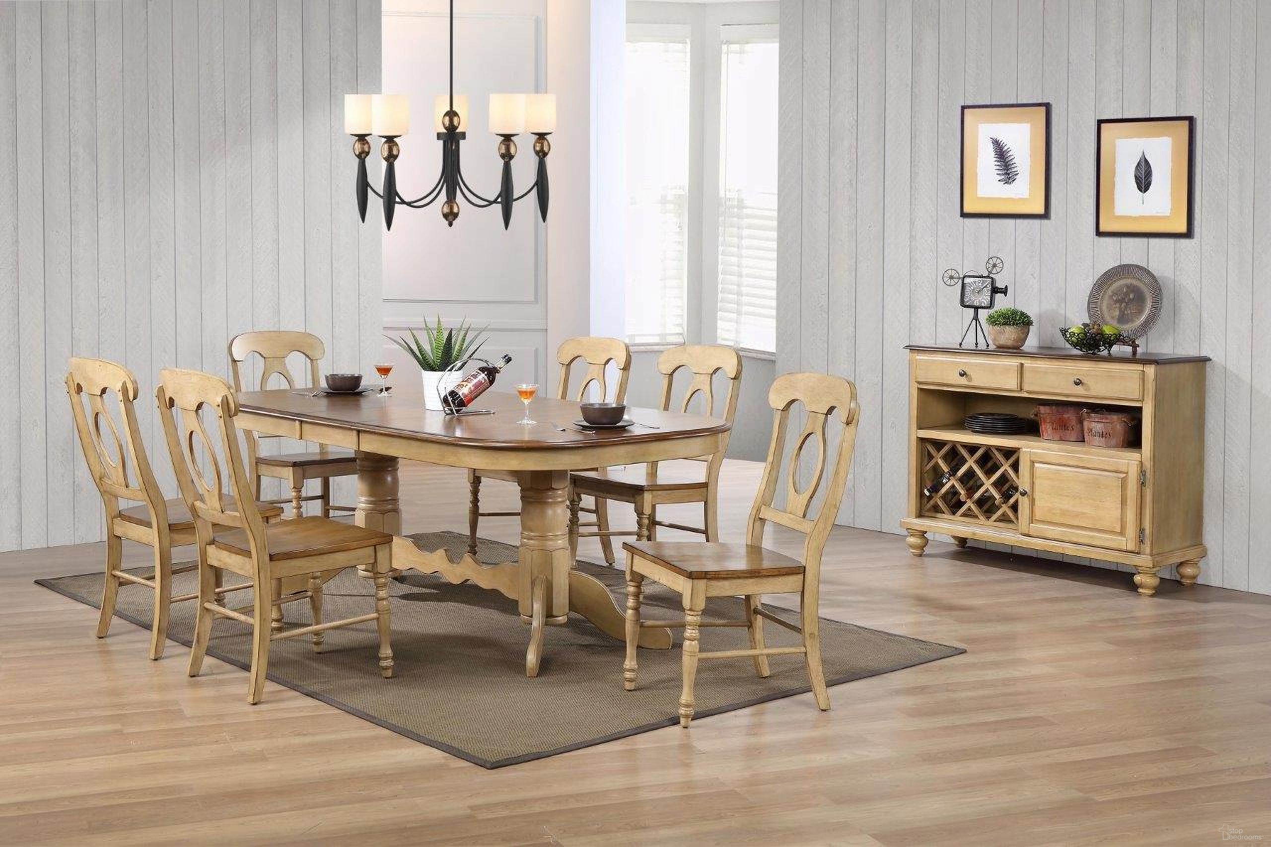 The appearance of Sunset Trading Brook 8 Piece Double Pedestal Extendable Dining Set with Server designed by Sunset Trading in the modern / contemporary interior design. This two-tone brown piece of furniture was selected by 1StopBedrooms from Brook Collection to add a touch of cosiness and style into your home. Sku: DLU-BR-TTB-4296-PW-T;DLU-BR-TTB-4296-PW-B;DLU-BR-C50-PW-2;DLU-BR-C50-PW-2;DLU-BR-C50-PW-2;DLU-BR-SER-PW. Material: Wood.