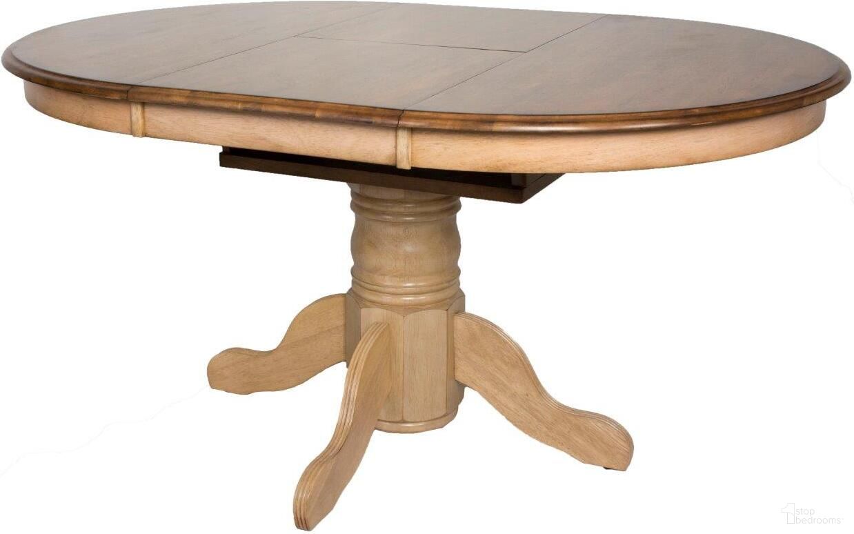 The appearance of Sunset Trading Brook Round or Oval Extendable Dining Table designed by Sunset Trading in the country / farmhouse interior design. This two-tone brown piece of furniture was selected by 1StopBedrooms from Brook Collection to add a touch of cosiness and style into your home. Sku: DLU-BR-TP-4260-PW-T;DLU-BR-TP-4260-PW-B. Table Base Style: Pedestal. Table Top Shape: Oval. Material: Wood. Size: 42" x 60".