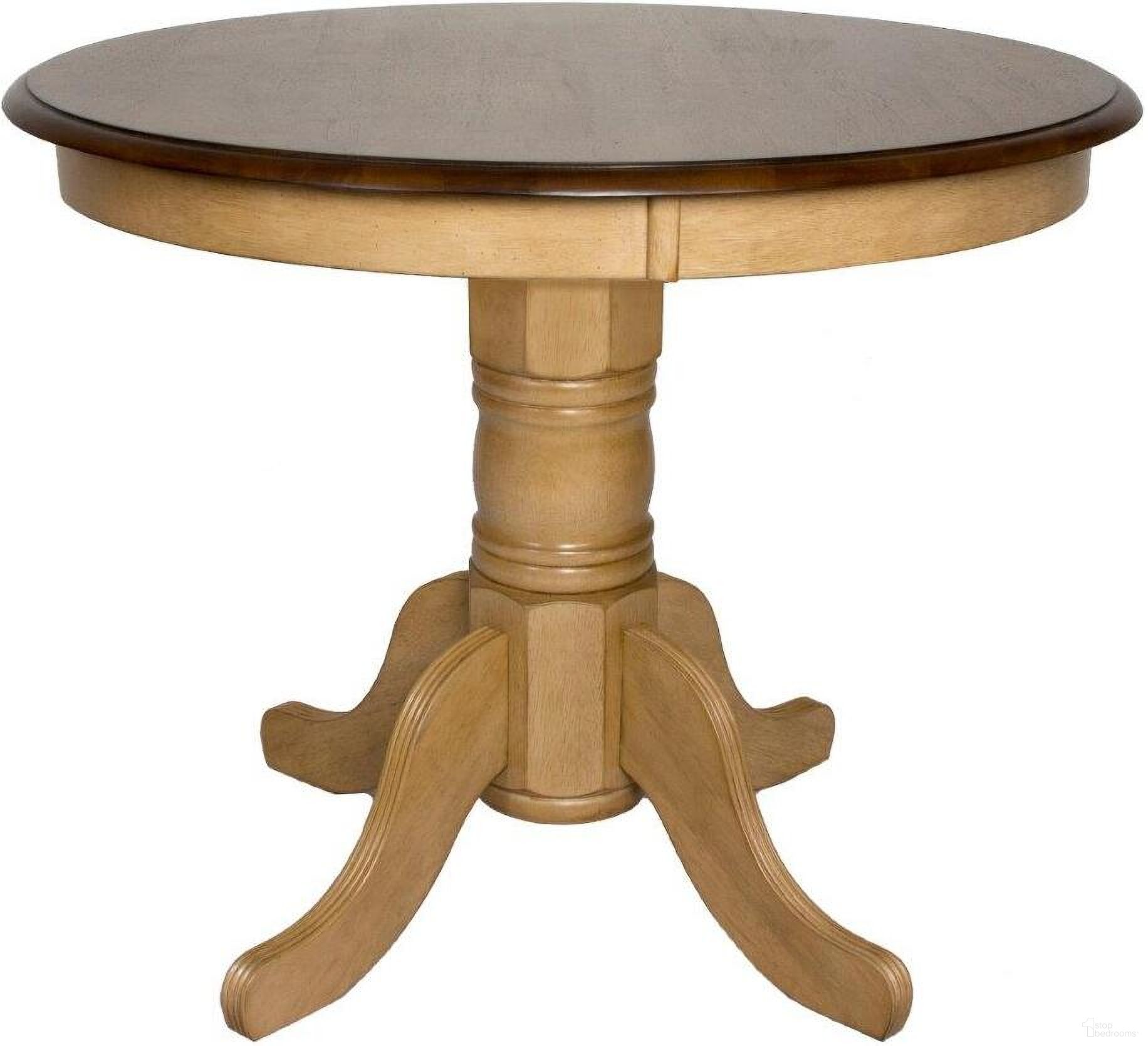 The appearance of Sunset Trading Brook Round Pedestal Dining Table designed by Sunset Trading in the modern / contemporary interior design. This two-tone brown piece of furniture was selected by 1StopBedrooms from Brook Collection to add a touch of cosiness and style into your home. Sku: DLU-BR-TP-3636-PW-T;DLU-BR-TP-3636-PW-B. Table Base Style: Pedestal. Table Top Shape: Round. Material: Wood. Size: 36".