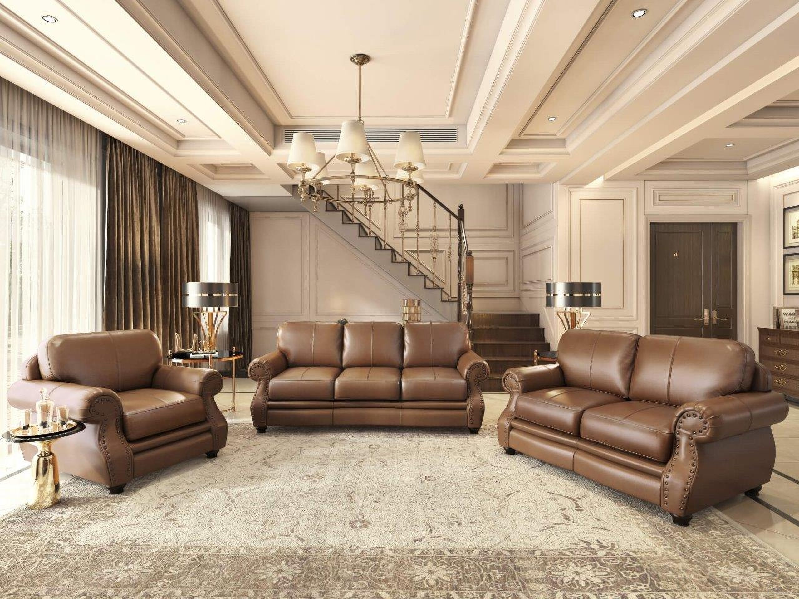 Sunset Trading Charleston 3 Piece Top Grain Leather Living Room Set Chestnut Brown Rolled Arm Sofa Loveseat And Chair With Nailheads
