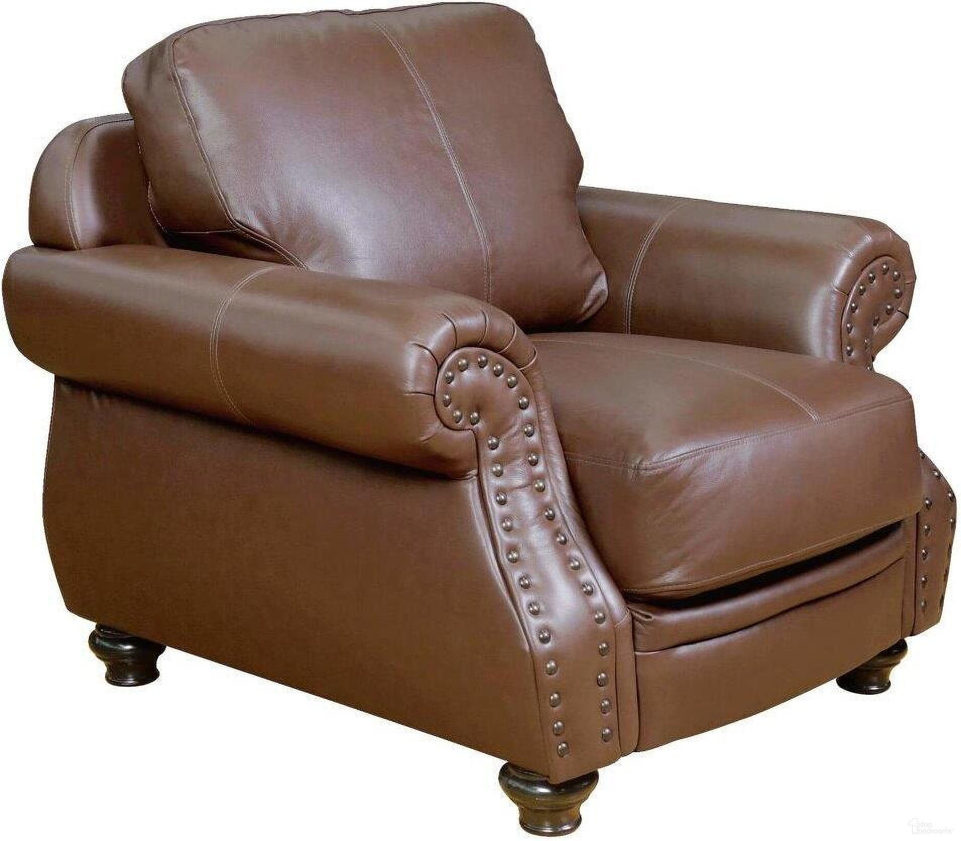 The appearance of Sunset Trading Charleston 42 Inch Wide Top Grain Leather Armchair Chestnut Brown Rolled Arm Accent Chair With Nailheads designed by Sunset Trading in the modern / contemporary interior design. This chestnut brown piece of furniture  was selected by 1StopBedrooms from Charleston Collection to add a touch of cosiness and style into your home. Sku: SU-CR2130-3786-100BNLFE. Material: Rubberwood.