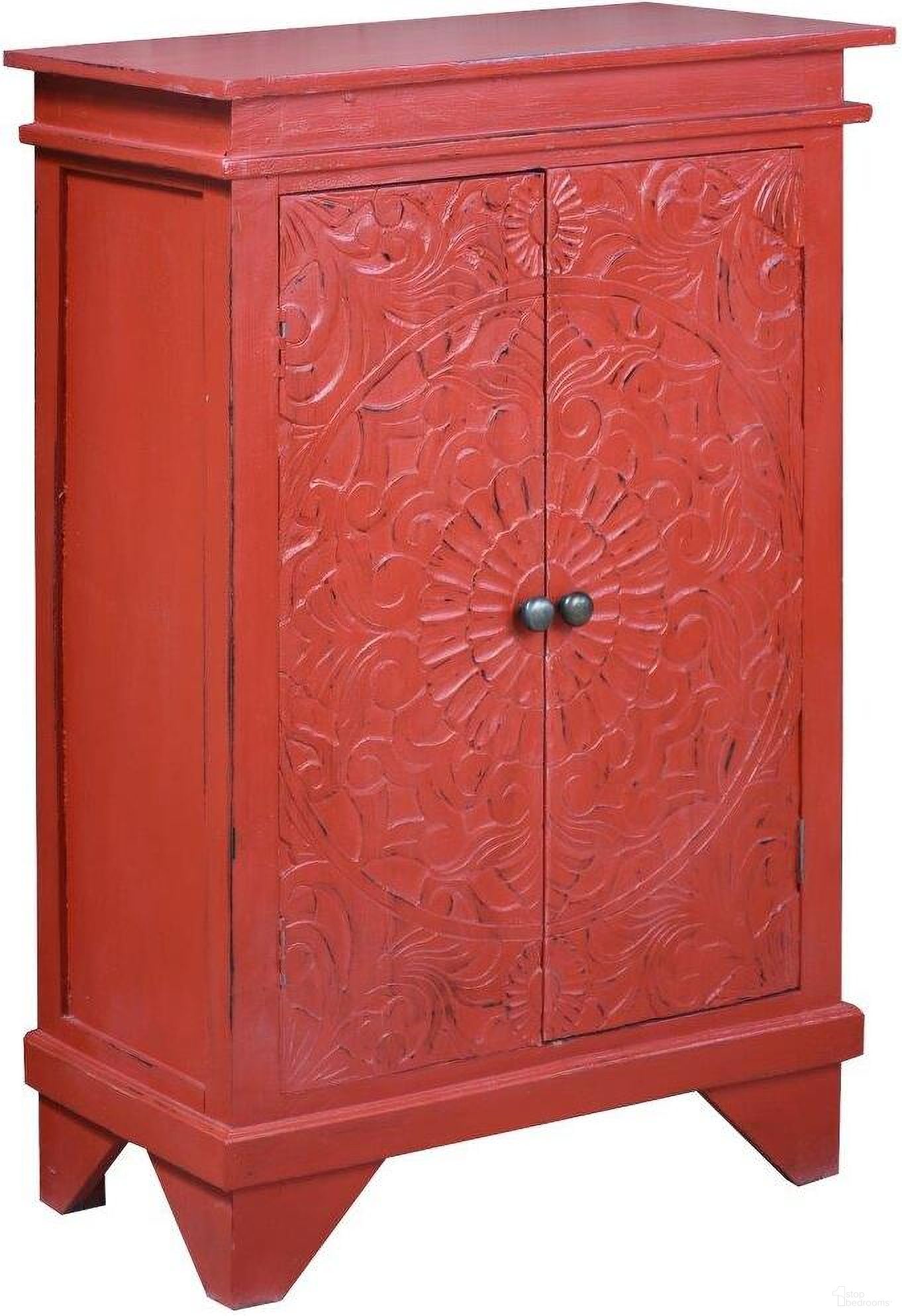 The appearance of Sunset Trading Cottage Carved Accent Cabinet In Red designed by Sunset Trading in the country / farmhouse interior design. This red piece of furniture  was selected by 1StopBedrooms from Shabby Chic Cottage Collection to add a touch of cosiness and style into your home. Sku: CC-CAB236LD-AR. Material: Wood.