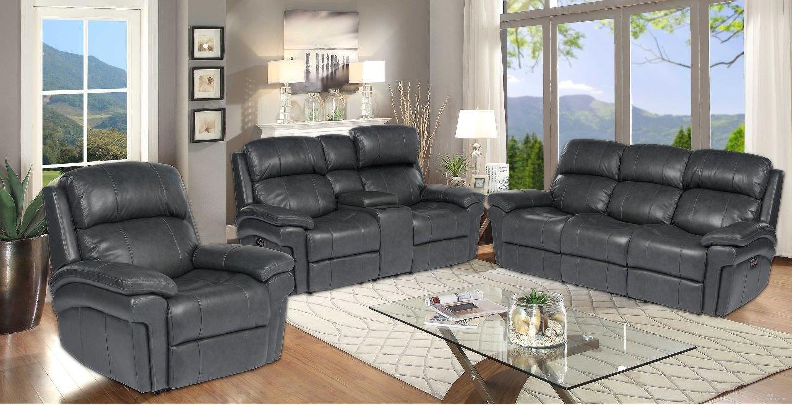 The appearance of Luxe Leather 3 Piece Reclining Living Room Set with Power Headrests In Steel Gray designed by Sunset Trading in the modern / contemporary interior design. This steel gray piece of furniture was selected by 1StopBedrooms from Luxe Leather Collection to add a touch of cosiness and style into your home. Sku: SU-9102-94-1394-58;SU-9102-94-1394-73;SU-9102-94-1394-85. Material: Wood.
