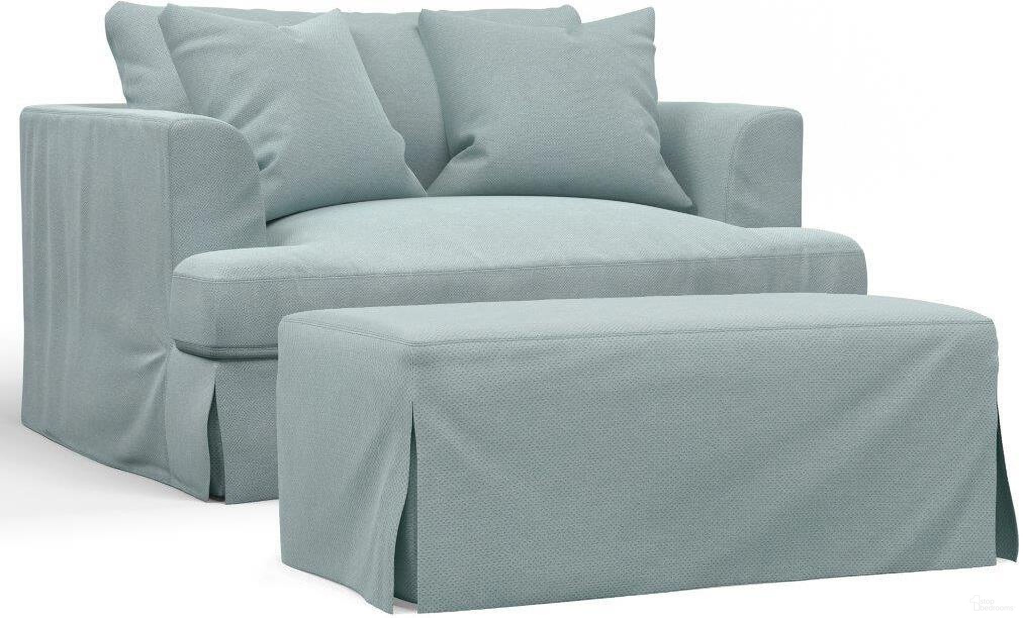 The appearance of Sunset Trading Newport Slipcovered 52 Inch Wide Chair And A Half With Ottoman Stain Resistant Performance Fabric 2 Throw Pillows Ocean Blue designed by Sunset Trading in the modern / contemporary interior design. This ocean blue piece of furniture  was selected by 1StopBedrooms from Newport Collection to add a touch of cosiness and style into your home. Sku: SY-130015-3910-43;SY-130030-3910-43. Material: Wood.
