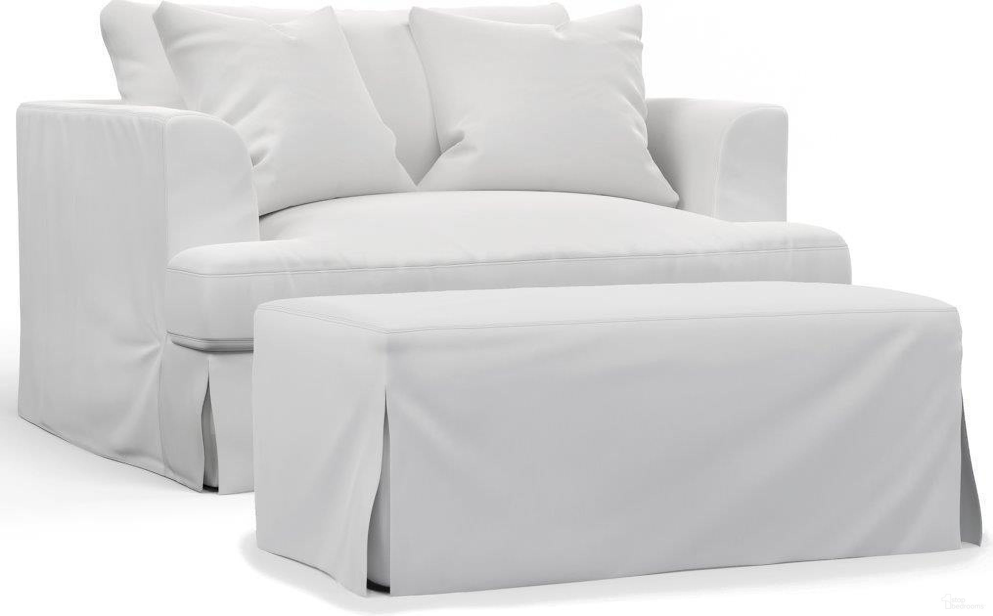 The appearance of Sunset Trading Newport Slipcovered 52 Inch Wide Chair And A Half With Ottoman Stain Resistant Performance Fabric 2 Throw Pillows White designed by Sunset Trading in the modern / contemporary interior design. This white piece of furniture was selected by 1StopBedrooms from Newport Collection to add a touch of cosiness and style into your home. Sku: SY-130015-3910-81;SY-130030-3910-81. Material: Wood.