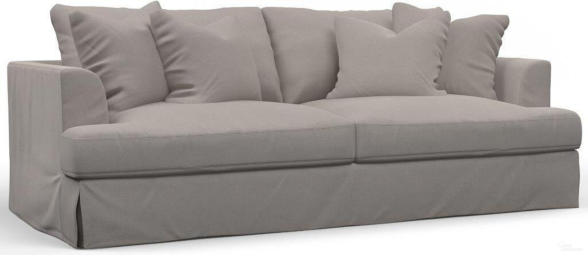 Sunset Trading Newport Slipcovered Recessed Fin Arm 94 Inch Sofa Stain Resistant Performance Fabric 4 Throw Pillows Gray