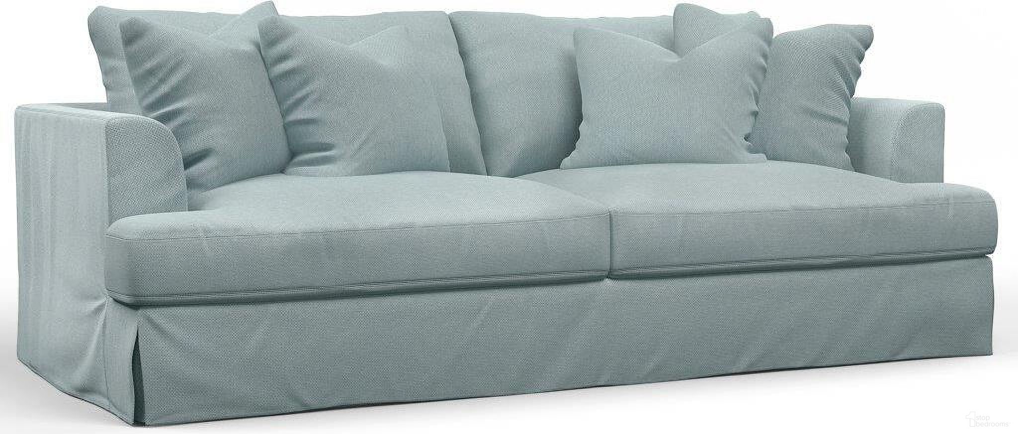 Sunset Trading Newport Slipcovered Recessed Fin Arm 94 Inch Sofa Stain Resistant Performance Fabric 4 Throw Pillows Ocean Blue
