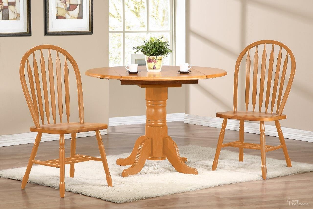 The appearance of Sunset Trading Oak Selections 3 Piece 42 Inch Round Drop Leaf Dining Set with Arrowback Chairs designed by Sunset Trading in the modern / contemporary interior design. This light oak piece of furniture  was selected by 1StopBedrooms from Oak Selections Collection to add a touch of cosiness and style into your home. Sku: DLU-TPD-4242-LO-T;DLU-TPD-4242-LO-B;DLU-820-LO-2. Material: Wood.