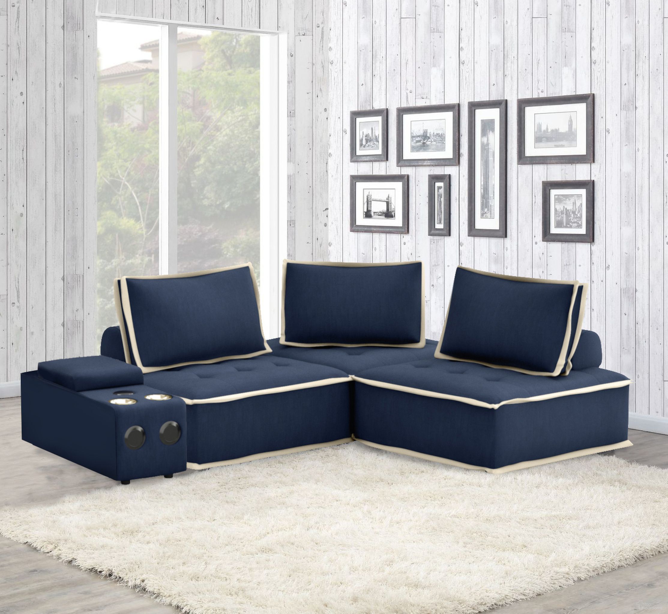 The appearance of Pixie 4 Piece Sofa Sectional In Navy Blue and Cream designed by Sunset Trading in the modern / contemporary interior design. This blue/cream piece of furniture  was selected by 1StopBedrooms from Pixie Collection to add a touch of cosiness and style into your home. Sku: SU-UPX1671135NW;SU-UPX1671135NW;SU-UPX1671135NW;SU-UPX1671005MNW. Material: Vinyl. Layout: L-Shape.