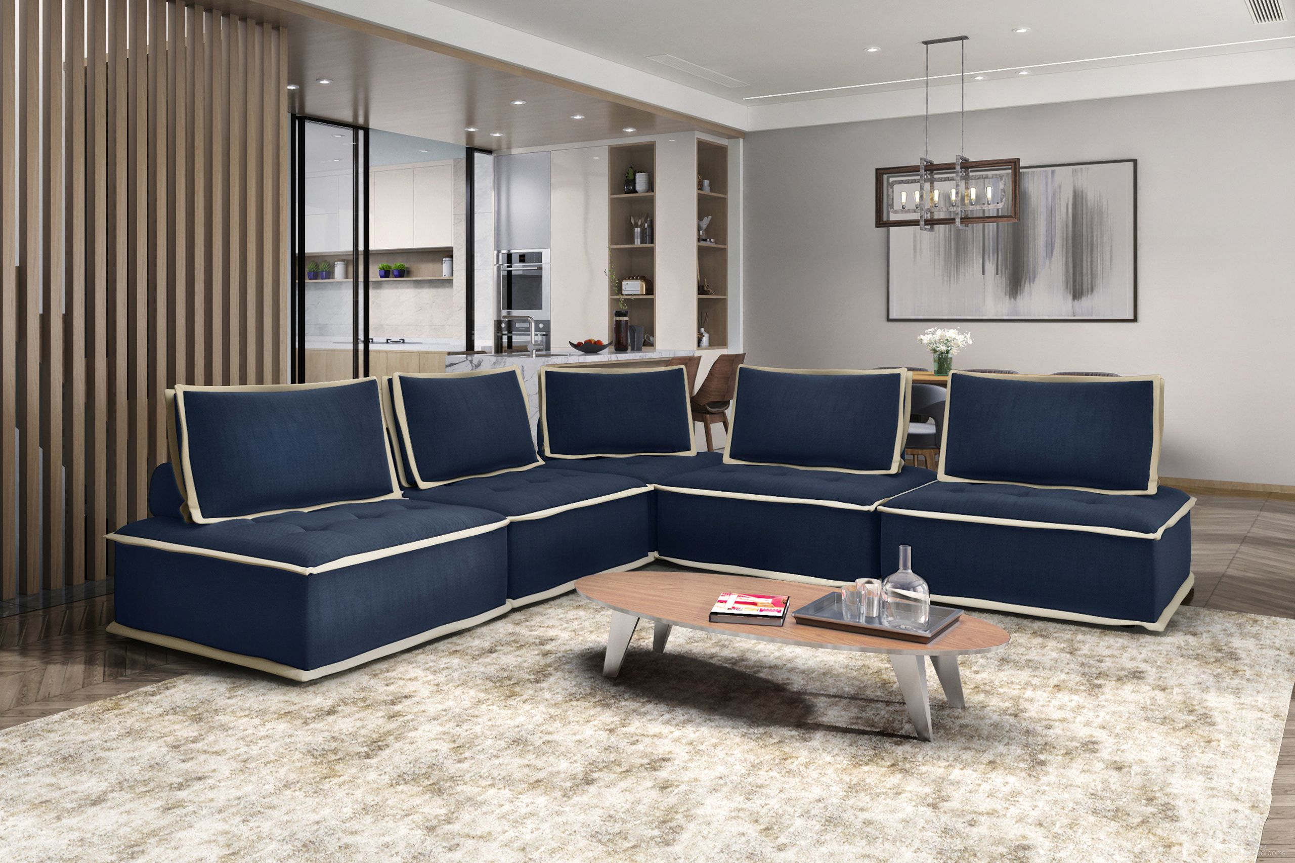 The appearance of Pixie 5 Piece Sofa Sectional In Navy Blue and Cream designed by Sunset Trading in the modern / contemporary interior design. This blue/cream piece of furniture was selected by 1StopBedrooms from Pixie Collection to add a touch of cosiness and style into your home. Sku: SU-UPX1671135NW;SU-UPX1671135NW;SU-UPX1671135NW;SU-UPX1671135NW;SU-UPX1671135NW. Material: Polyester. Layout: L-Shape.