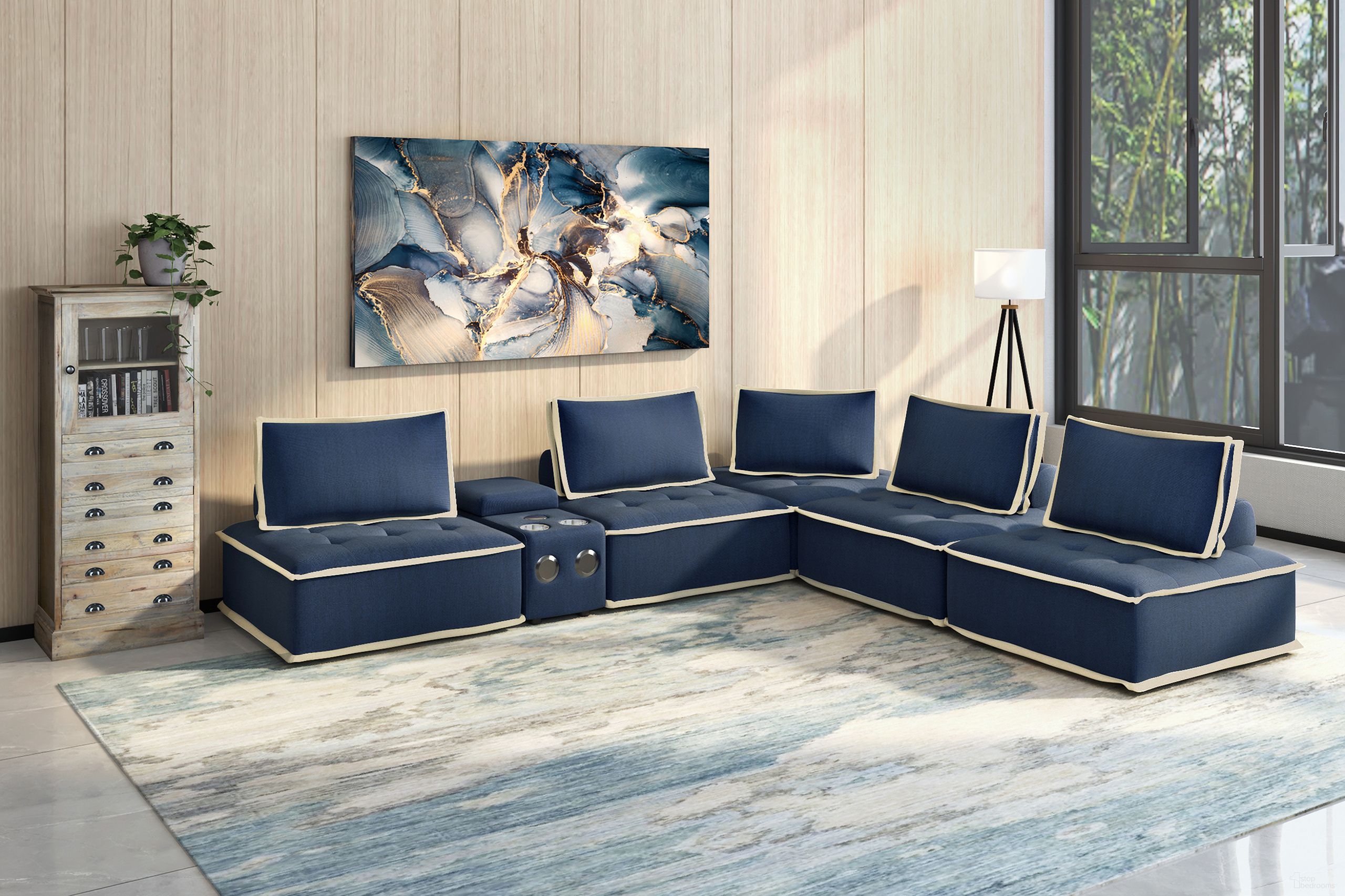 The appearance of Pixie 6 Piece Sofa Sectional In Navy Blue and Cream designed by Sunset Trading in the modern / contemporary interior design. This blue/cream piece of furniture was selected by 1StopBedrooms from Pixie Collection to add a touch of cosiness and style into your home. Sku: SU-UPX1671135NW;SU-UPX1671135NW;SU-UPX1671135NW;SU-UPX1671135NW;SU-UPX1671135NW;SU-UPX1671005MNW. Material: Vinyl. Layout: L-Shape.