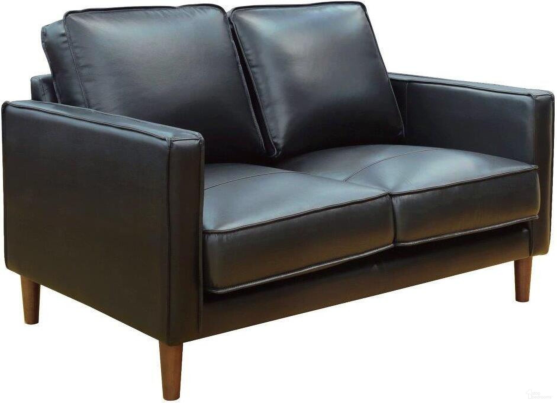 The appearance of Sunset Trading Prelude 55 Inch Wide Black Top Grain Leather Loveseat Mid Century Modern Small Couch designed by Sunset Trading in the modern / contemporary interior design. This black piece of furniture was selected by 1StopBedrooms from Prelude Collection to add a touch of cosiness and style into your home. Sku: SU-PR15070-3780-200E. Material: Rubberwood.