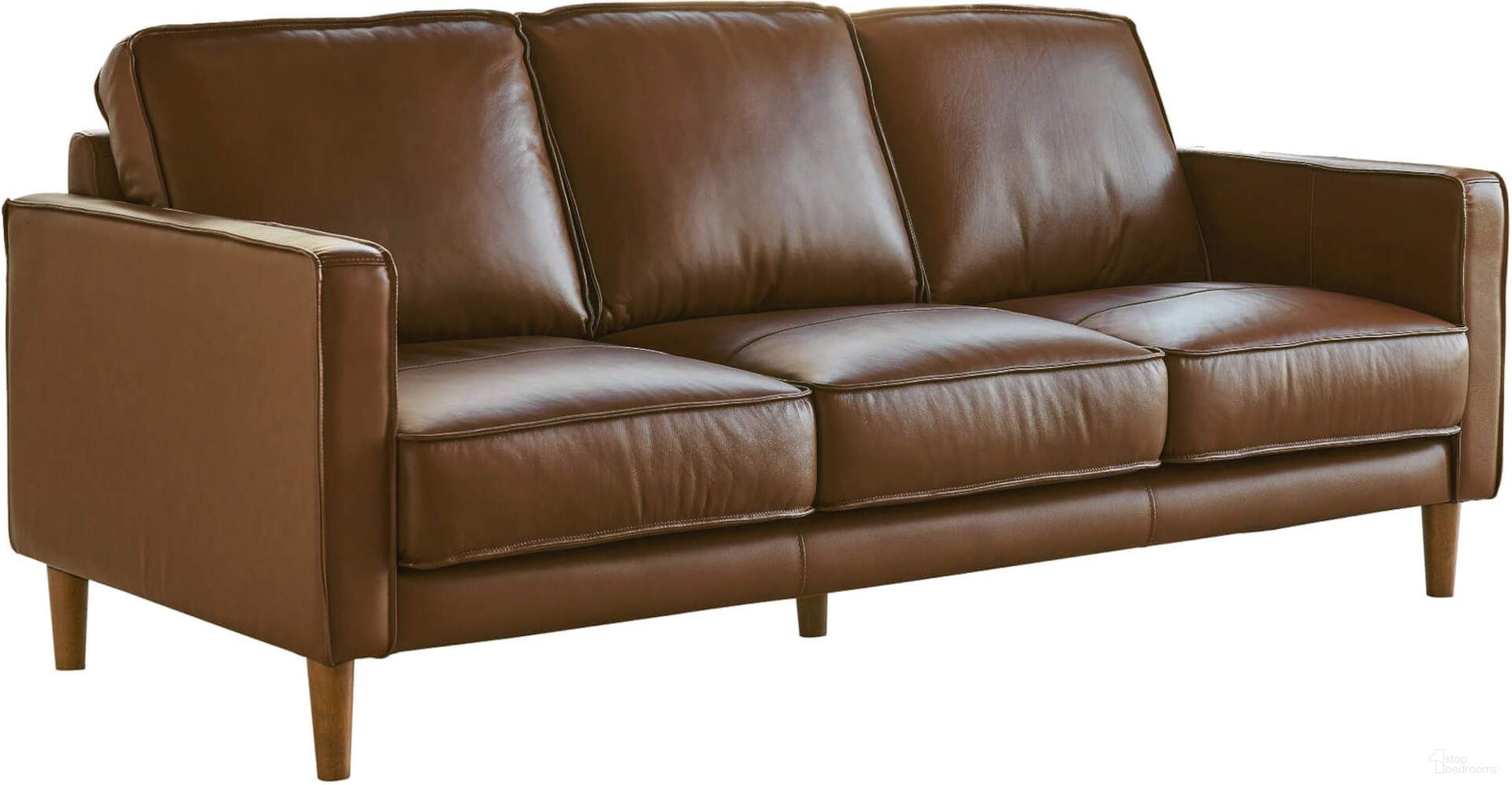 The appearance of Sunset Trading Prelude 79 Inch Wide Top Grain Leather Sofa Chestnut Brown Mid Century Modern 3 Seater Couch designed by Sunset Trading in the modern / contemporary interior design. This chestnut brown piece of furniture was selected by 1StopBedrooms from Prelude Collection to add a touch of cosiness and style into your home. Sku: SU-PR15070-3786-300E. Material: Rubberwood.