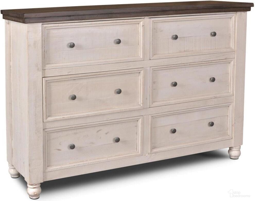 The appearance of Sunset Trading Rustic French 6 Drawer Double Dresser In White and Brown designed by Sunset Trading in the traditional interior design. This white and brown piece of furniture was selected by 1StopBedrooms from Rustic French Collection to add a touch of cosiness and style into your home. Sku: HH-4750-310. Material: Pine.
