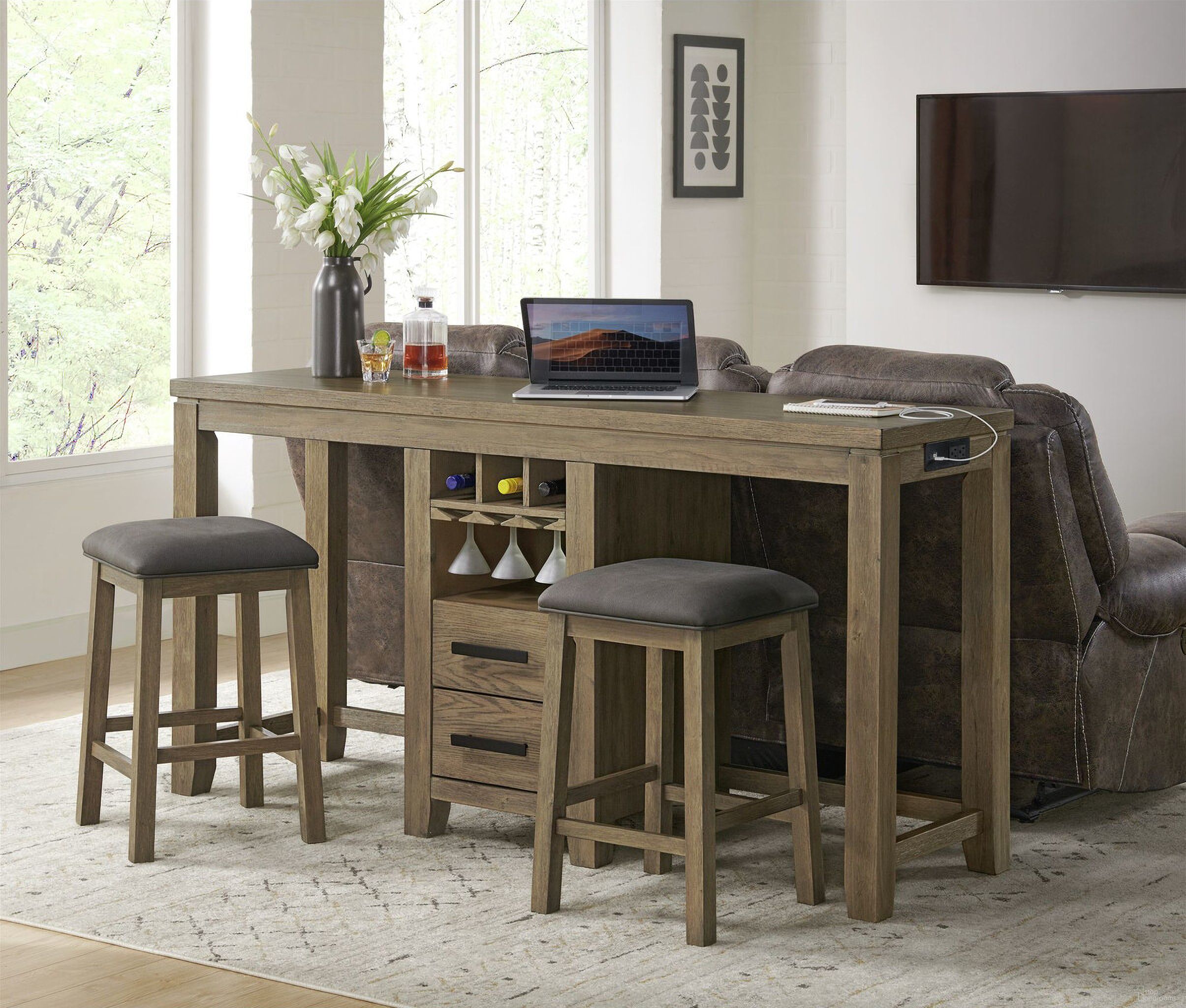 The appearance of Saunders 3 Piece Console Bar Table and Stool Set With Charging Station In Brown designed by Sunset Trading in the modern / contemporary interior design. This brown piece of furniture was selected by 1StopBedrooms from Saunders Collection to add a touch of cosiness and style into your home. Sku: ED-D18620BTT;ED-D18620BTB;ED-D18620CS-RTA. Material: Rubberwood.