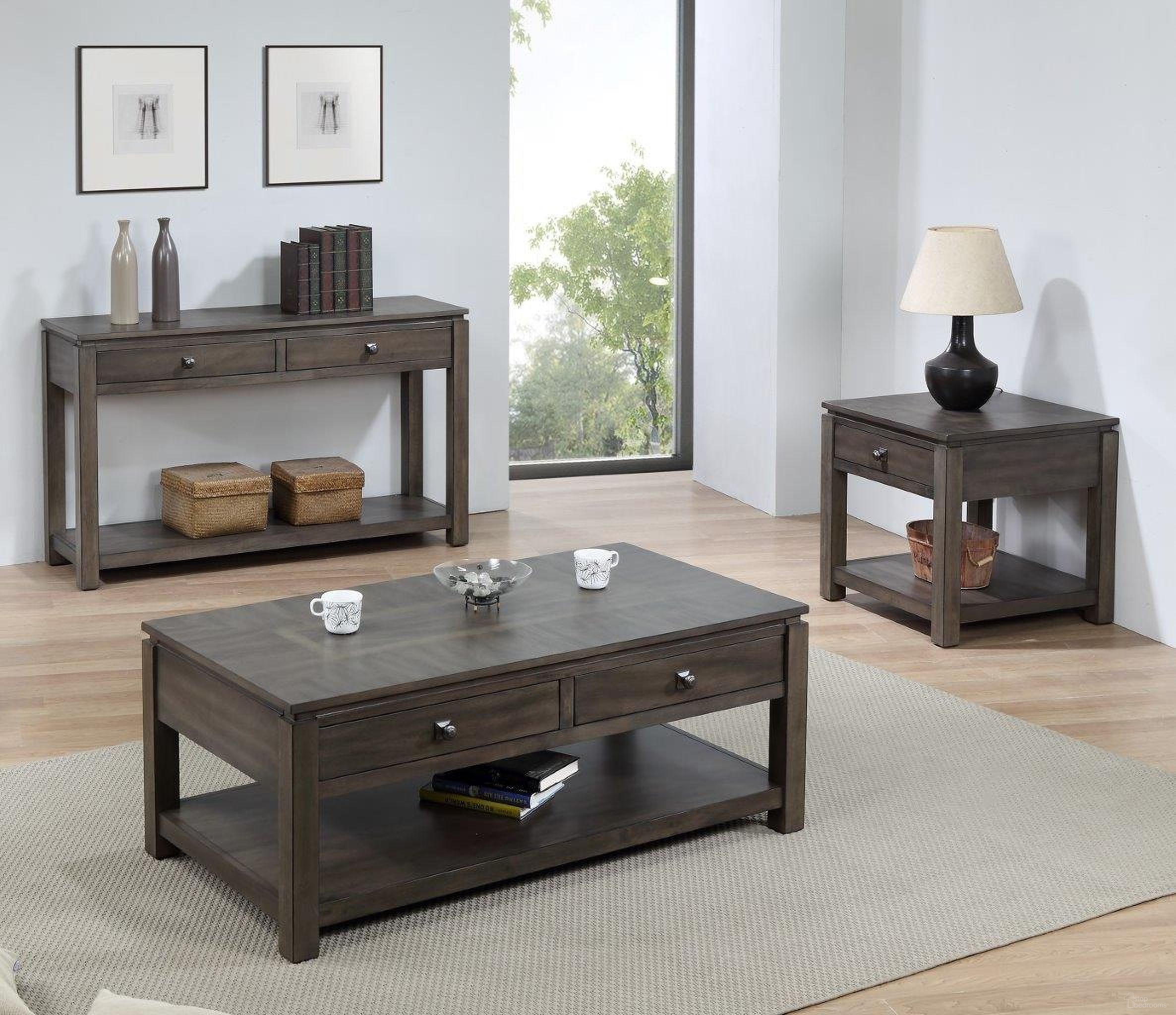 The appearance of Sunset Trading Shades of Gray 3 Piece Living Room Table Set with Drawers and Shelves designed by Sunset Trading in the traditional interior design. This weathered grey piece of furniture was selected by 1StopBedrooms from Shades Of Gray Collection to add a touch of cosiness and style into your home. Sku: DLU-EL1602;DLU-EL1604;DLU-EL1608. Material: Wood.