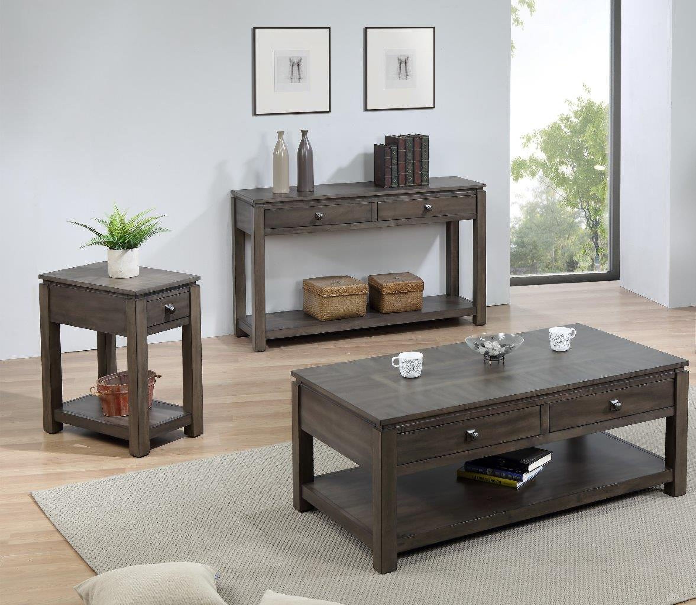 The appearance of Sunset Trading Shades of Gray 3 Piece Living Room Table Set with Drawers and Shelves designed by Sunset Trading in the traditional interior design. This weathered grey piece of furniture was selected by 1StopBedrooms from Shades Of Gray Collection to add a touch of cosiness and style into your home. Sku: DLU-EL1603;DLU-EL1604;DLU-EL1608. Material: Wood.