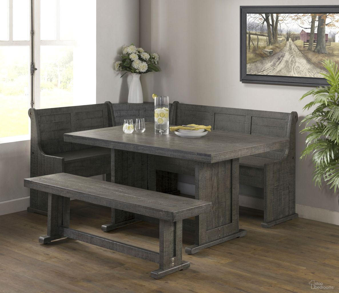 The appearance of Sunny Dining Nook Table Set In Gray designed by Sunset Trading in the country / farmhouse interior design. This gray piece of furniture was selected by 1StopBedrooms from Sunny Collection to add a touch of cosiness and style into your home. Sku: VH-1890;VH-1893;VH-18941;VH-18942. Material: Solid Pine.