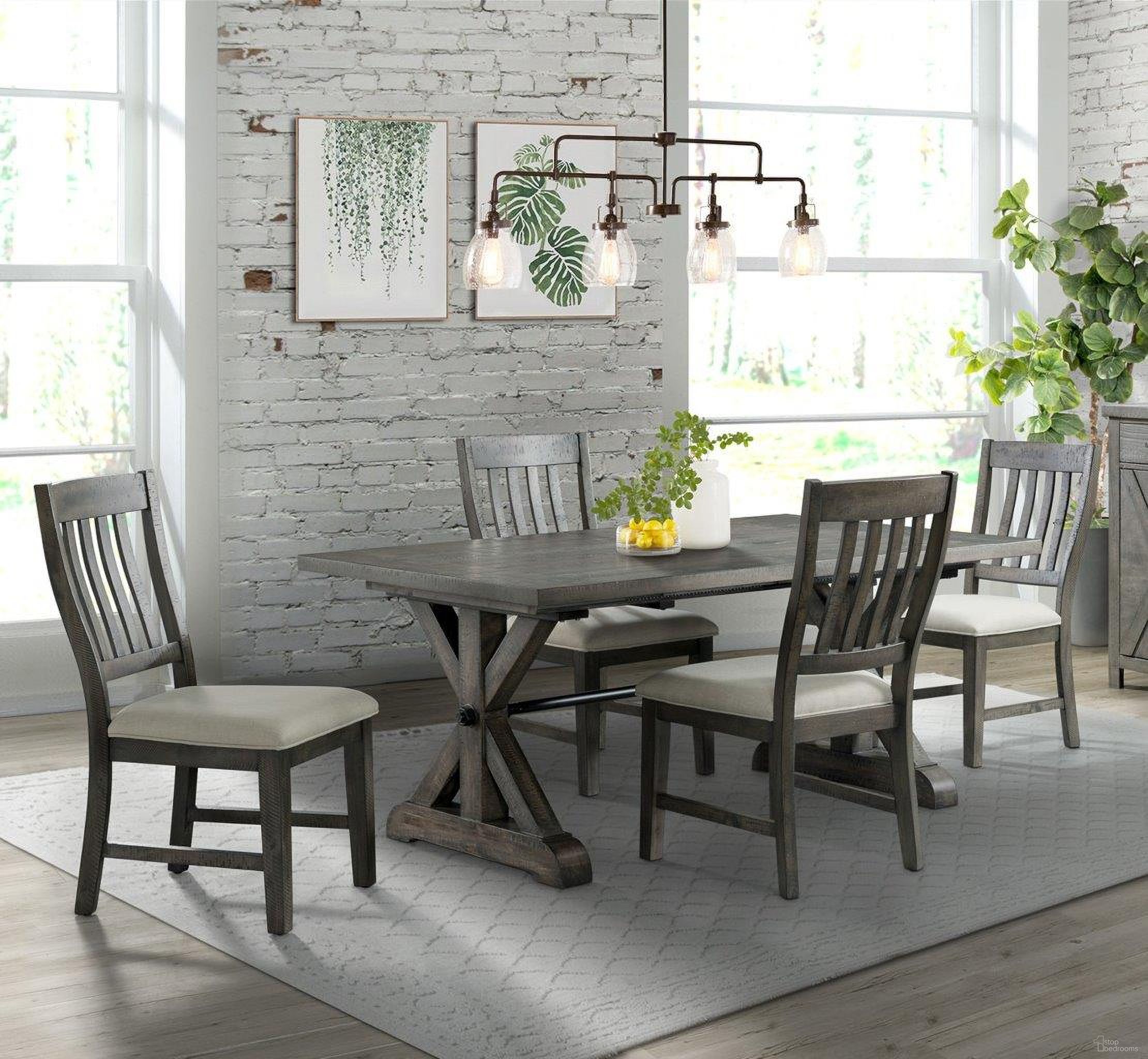 The appearance of Sunset Trading Trestle 5 Piece Dining Set 96 Inch Rectangular Extendable Table 4 Upholstered Side Chairs Distressed Gray Wood Seats 8 designed by Sunset Trading in the modern / contemporary interior design. This gray piece of furniture  was selected by 1StopBedrooms from Trestle Collection to add a touch of cosiness and style into your home. Sku: ED-SK100T;ED-SK100B;ED-SK170SC-RTA;ED-SK170SC-RTA. Material: Wood.