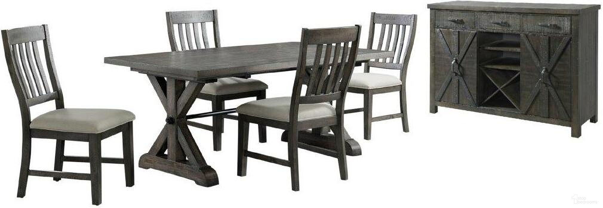 The appearance of Trestle 6 Piece Dining Set 96" Extendable Table Server With 20 Bottle Wine Rack Distressed Gray 4 Upholstered Chairs designed by Sunset Trading in the modern / contemporary interior design. This gray piece of furniture was selected by 1StopBedrooms from Trestle Collection to add a touch of cosiness and style into your home. Sku: ED-SK100T;ED-SK100B;ED-SK170SC-RTA;ED-SK170SC-RTA;ED-SKSER. Material: Wood.