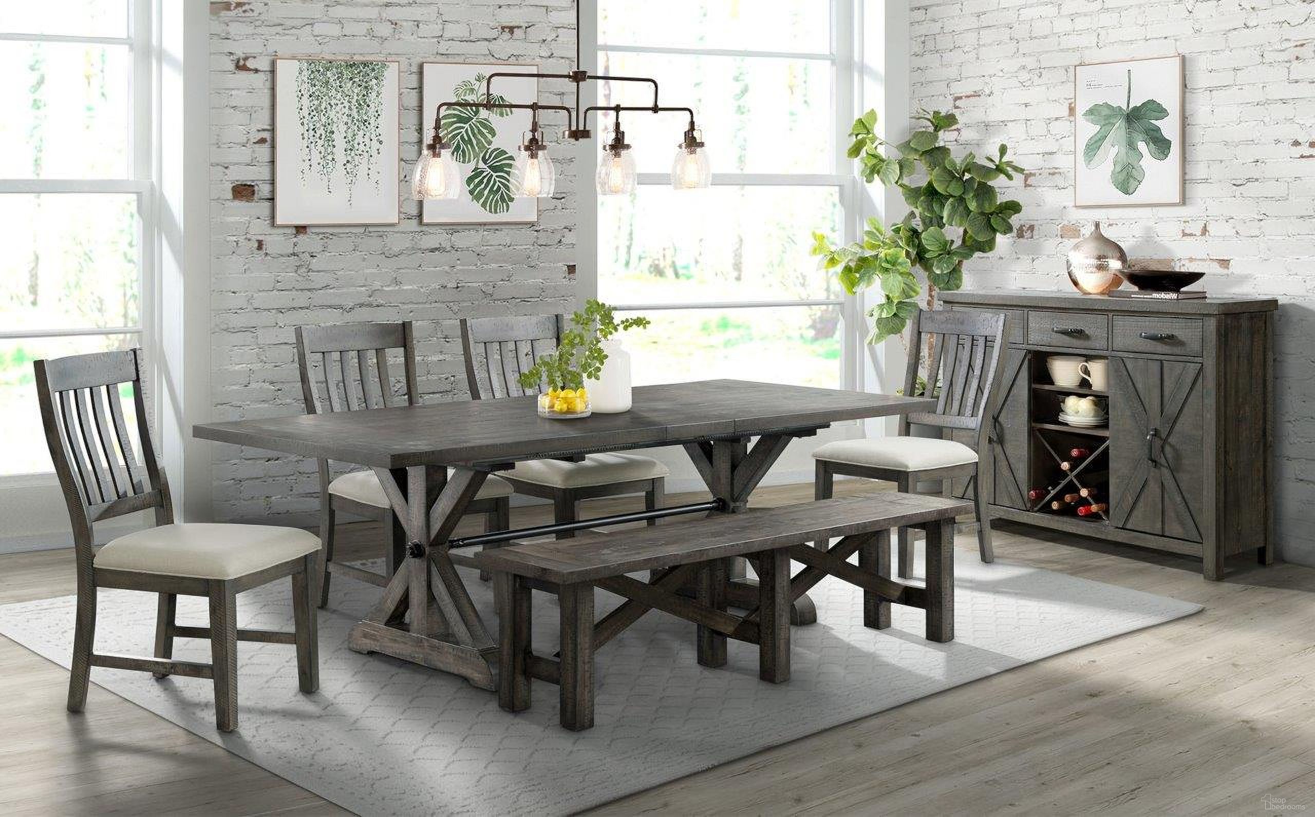 The appearance of Trestle 7 Piece Dining Set With Bench 96 Inch Extendable Table 4 Upholstered Side Chairs Server With 20 Bottle Wine Rack designed by Sunset Trading in the modern / contemporary interior design. This gray piece of furniture was selected by 1StopBedrooms from Trestle Collection to add a touch of cosiness and style into your home. Sku: ED-SK100T;ED-SK100B;ED-SK170SC-RTA;ED-SK170SC-RTA;ED-SKBN;ED-SKSER. Material: Wood.
